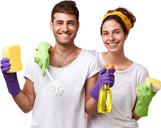 A man and a woman are holding cleaning supplies and smiling