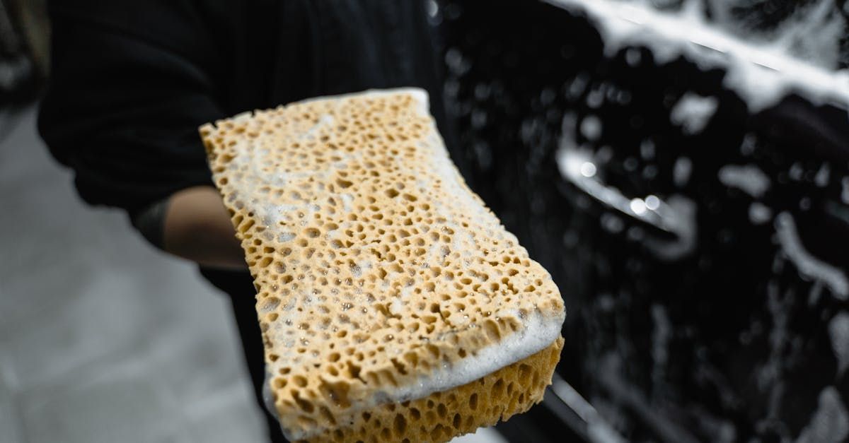A person is holding a sponge in front of a car.