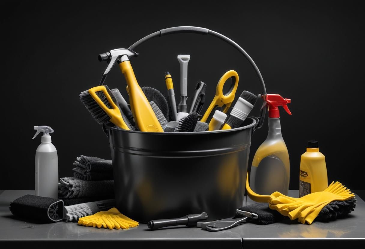 A black bucket filled with yellow cleaning supplies on a table.