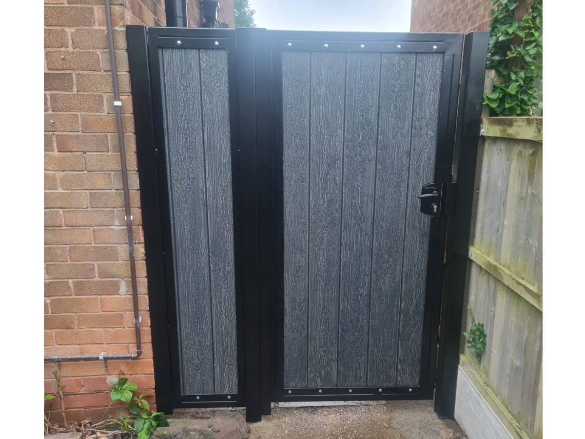 Nottingham Fencing new grey composite garden gate outside view