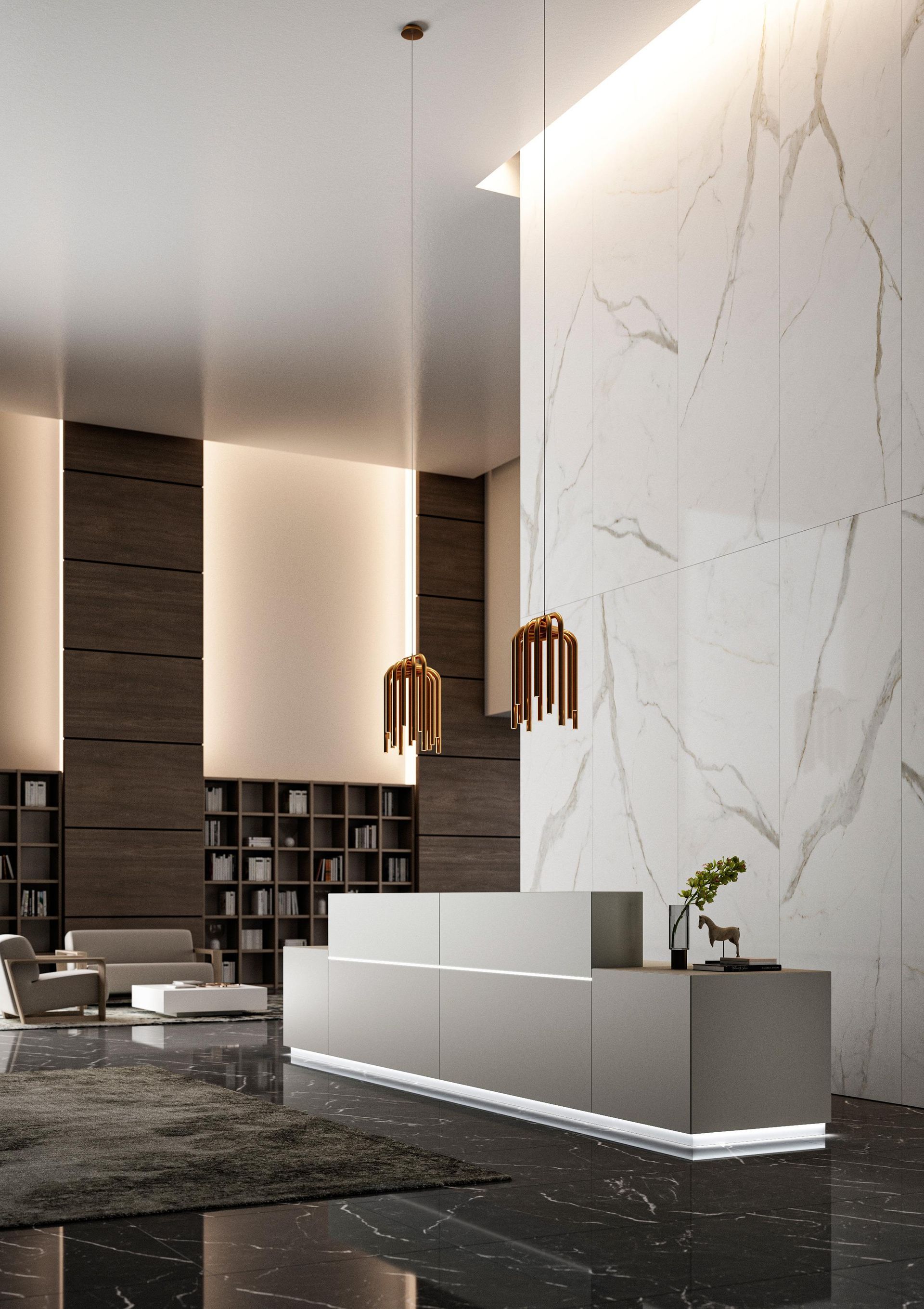 Modern reception area with marble wall, gray desk, pendant lights, and waiting area.