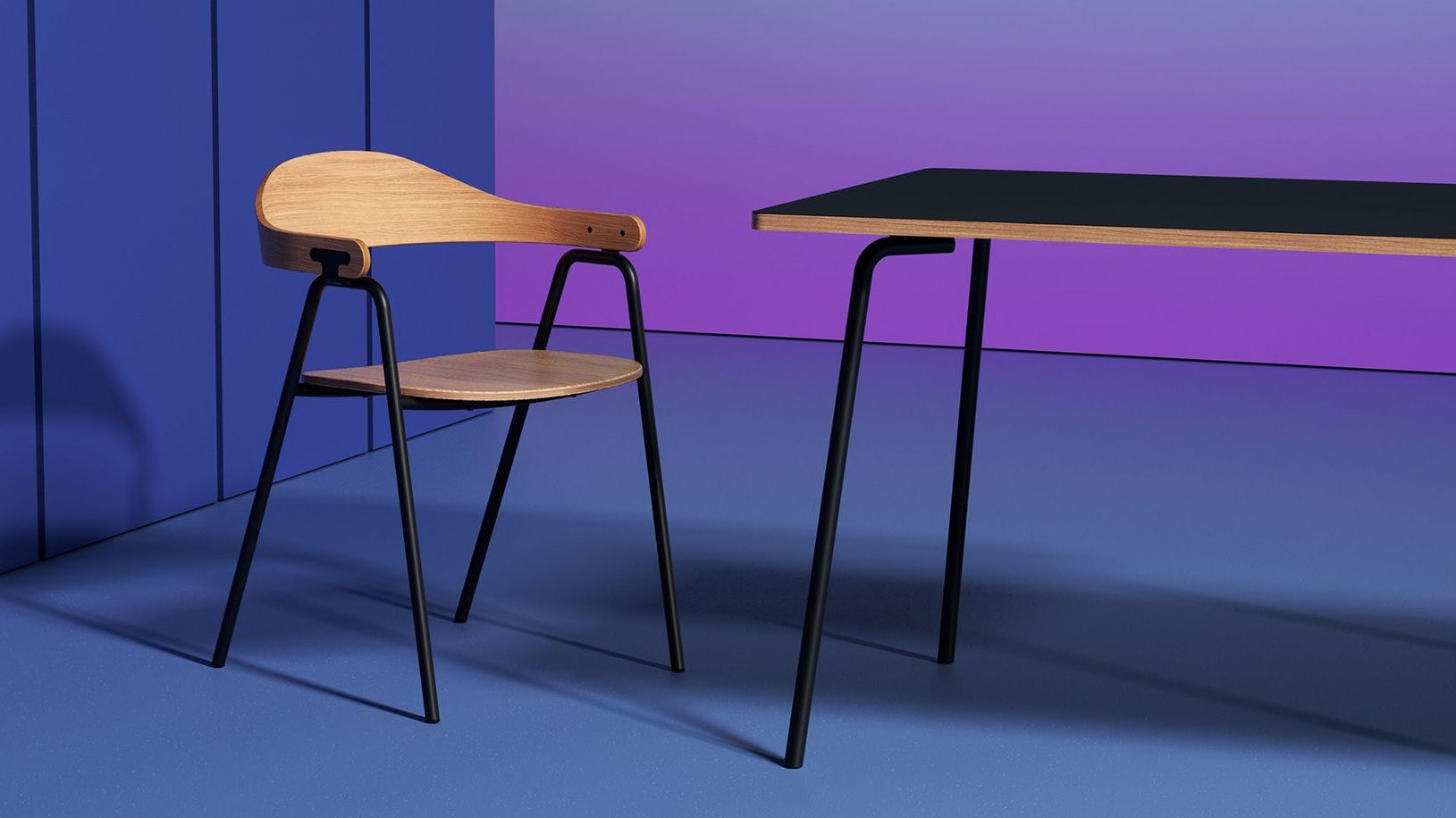 oak and black Otto chair and table situated in a blue and purple studio