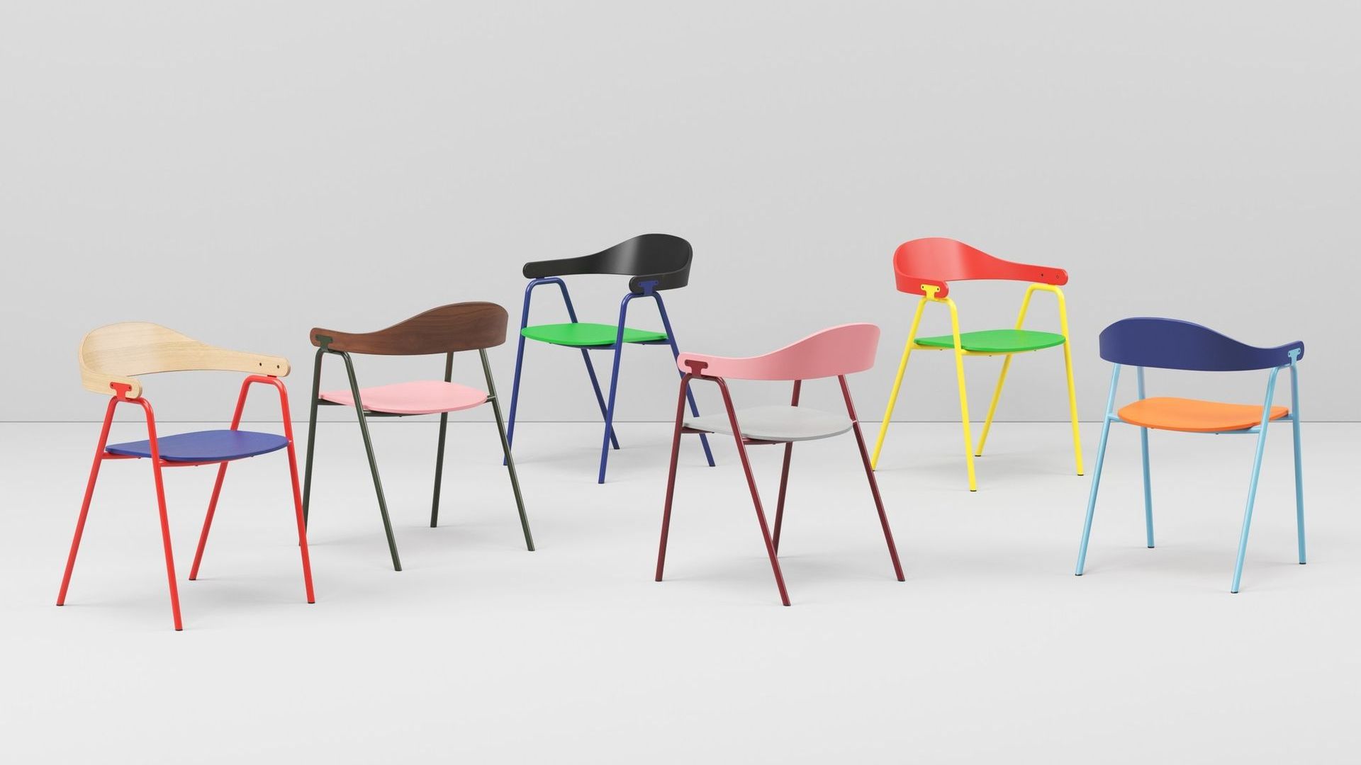 Otto 4-leg armchairs – Colour Series
Six chairs displayed together. The colour combinatinos include red and blue; brown and pink; green, blue nad black; red, pink, and grey; red, yellow and green; blue and orange