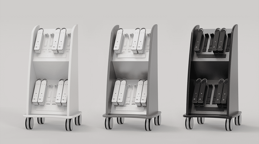 3 QikPac carry charge carts side by side in white, grey, and black. 