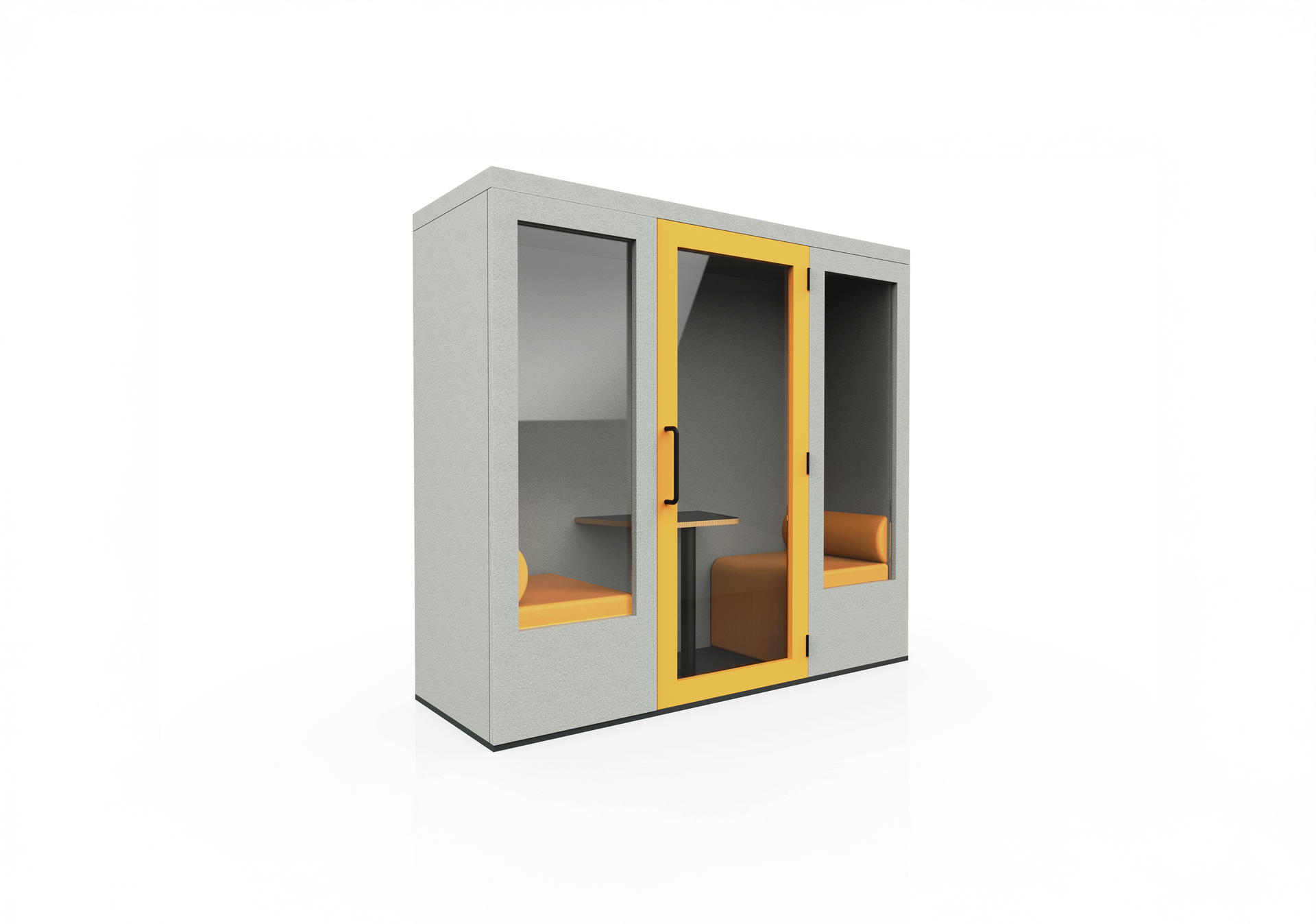 Gray and yellow office pod with glass door, two seating areas, and a small table.