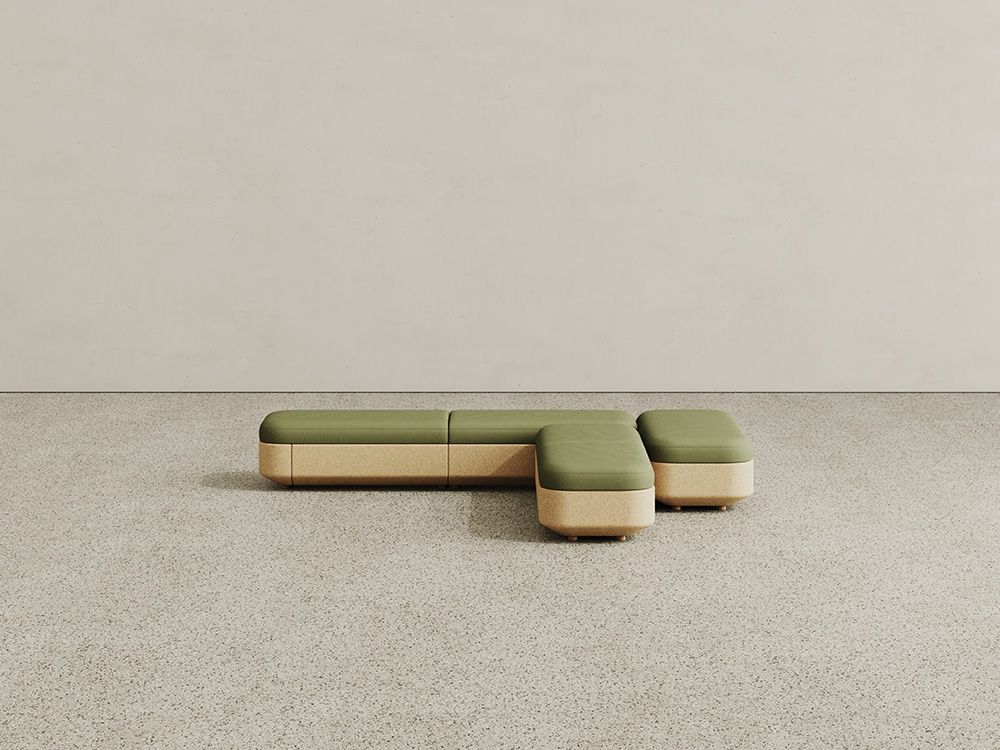 Tejo collection cork modular seating with cork base and sage green upholstery, configured as a backless bench seating system