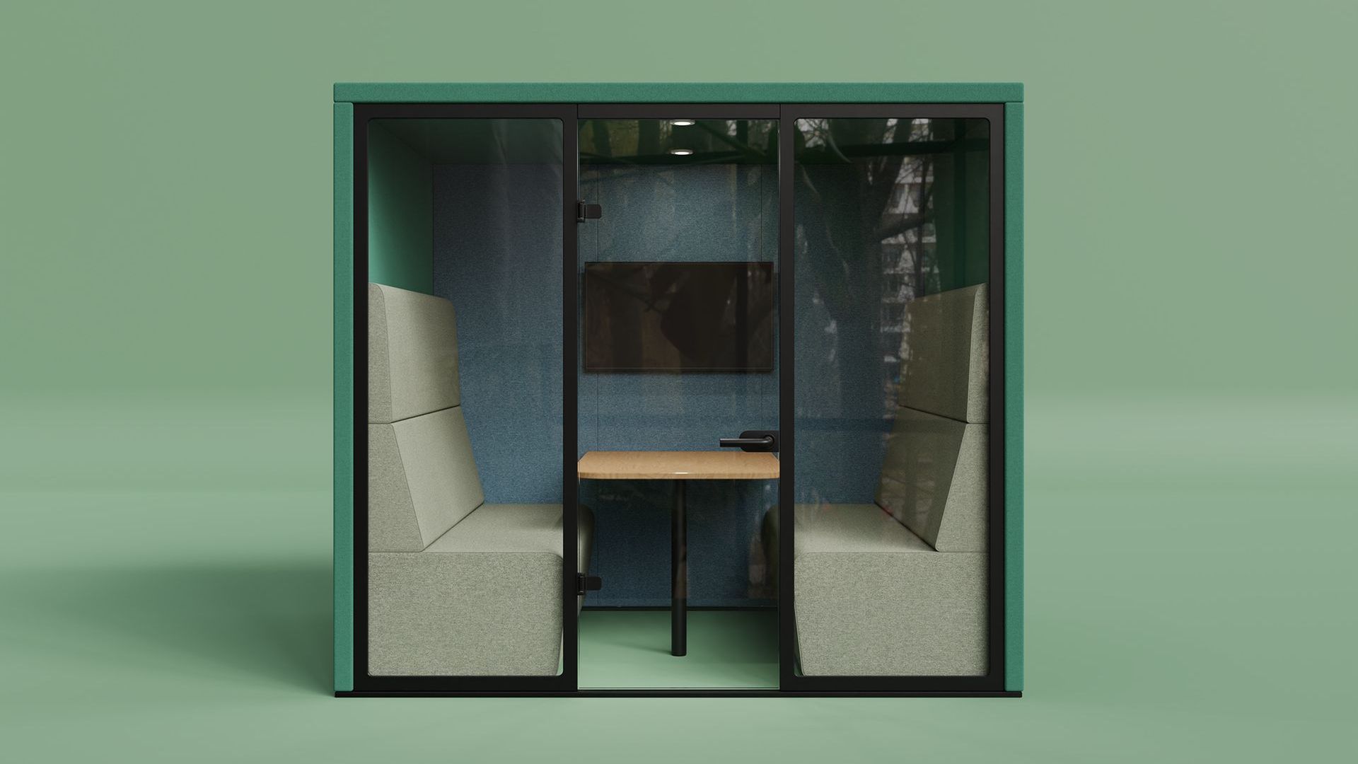 Green Hyde pod with black frame and glass front. Inside are two booth benches with a desk in the middle and a TV on the wall. Perfect for collaborative meetings. 