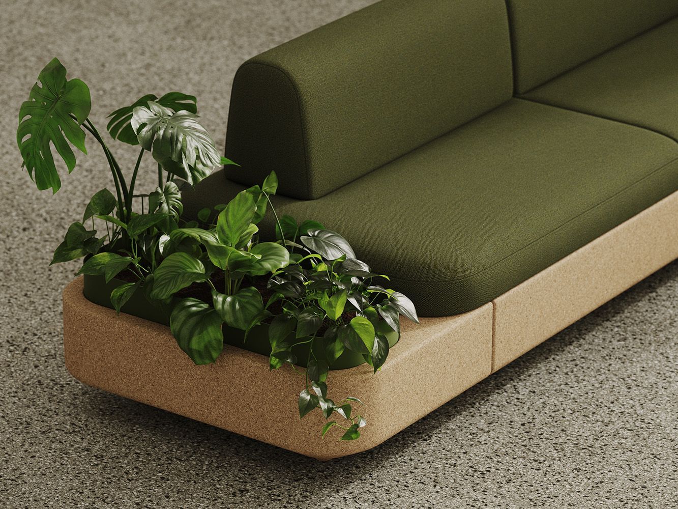 Olive green modular sofa with a built-in planter box holding leafy green plants.