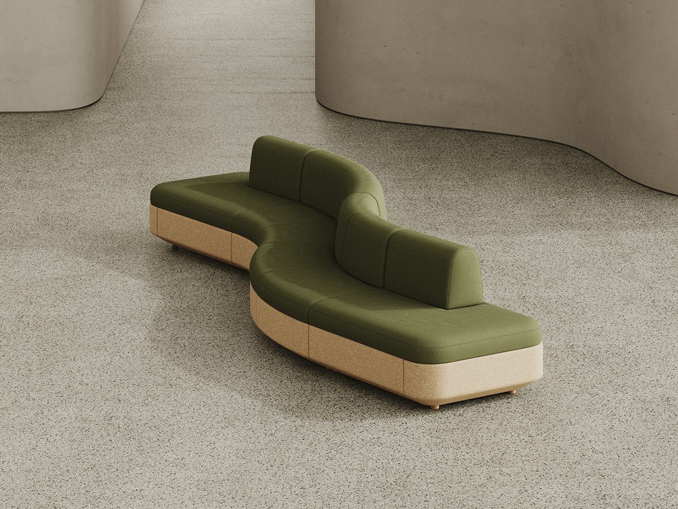 Tejo collection cork modular seating as a curvy bench system with cork base and green upholstery