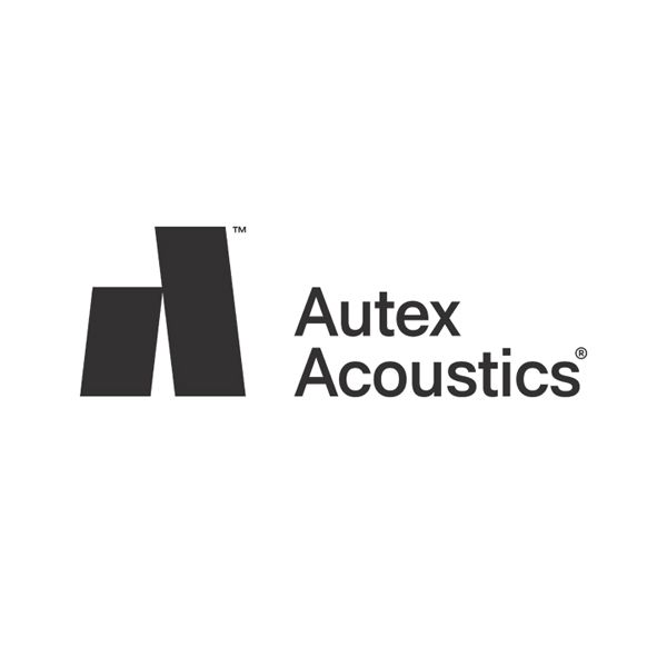 Black and white Autex Acoustics logo with abstract shapes and company name.