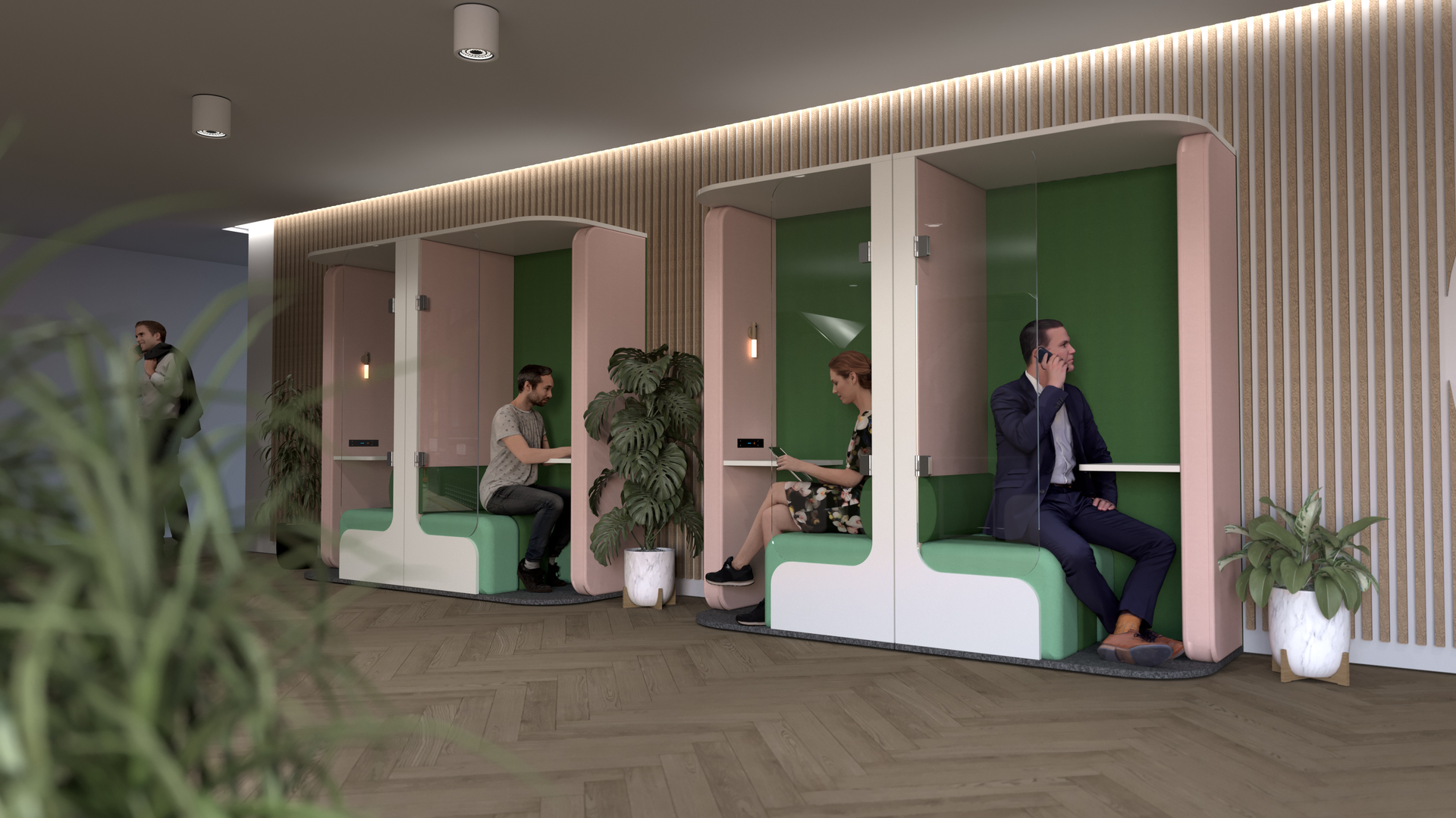 Blah Blah Focus pods along the back wall of an office. The pods are semi-private for busy offices. Upholstered in pink and green. There are people in pods on their phones or laptops.