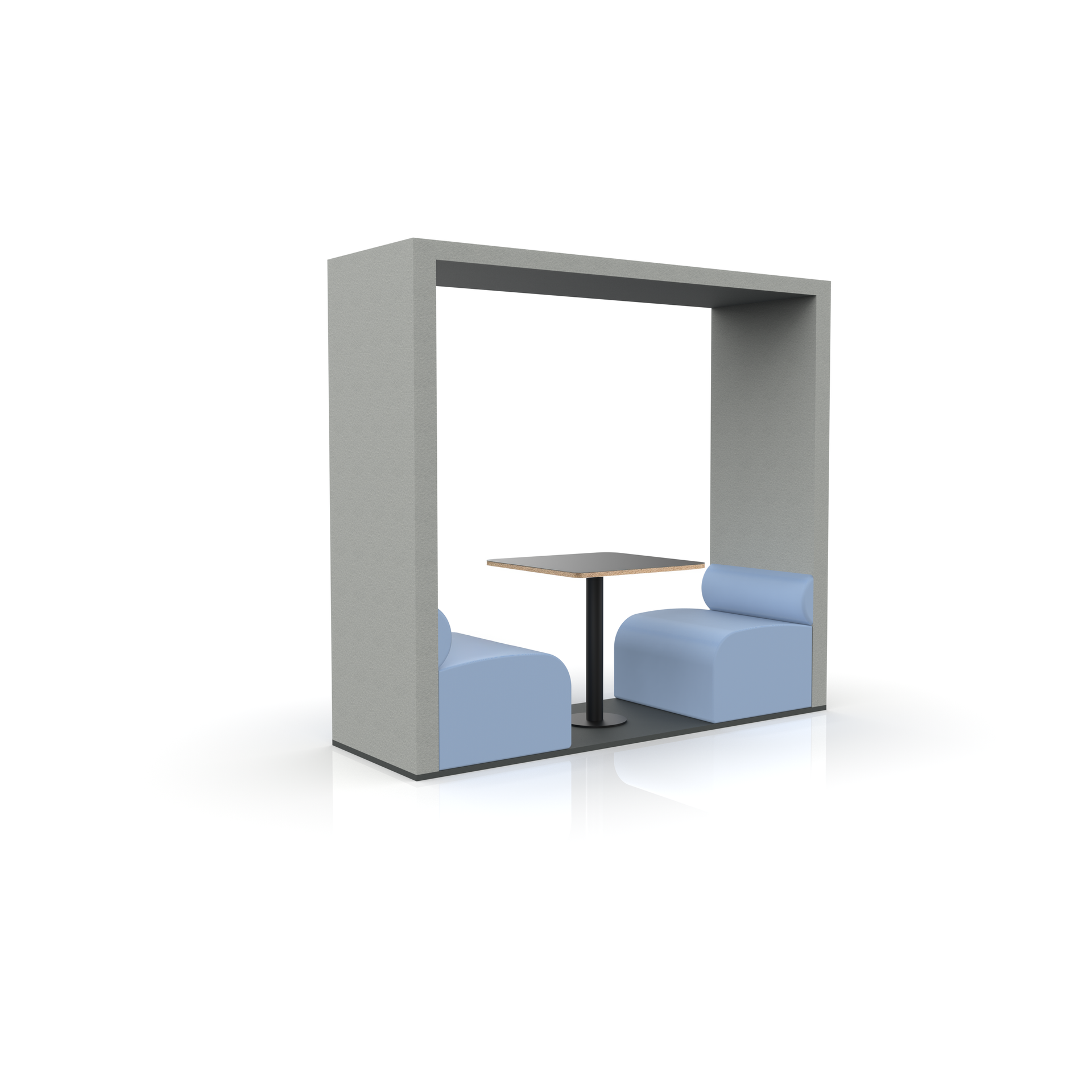 A modern booth with blue seating, a table, and a gray frame.