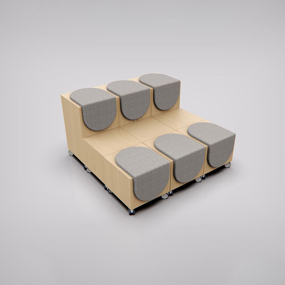 A modern modular seating arrangement. Wooden base with gray padded seats.