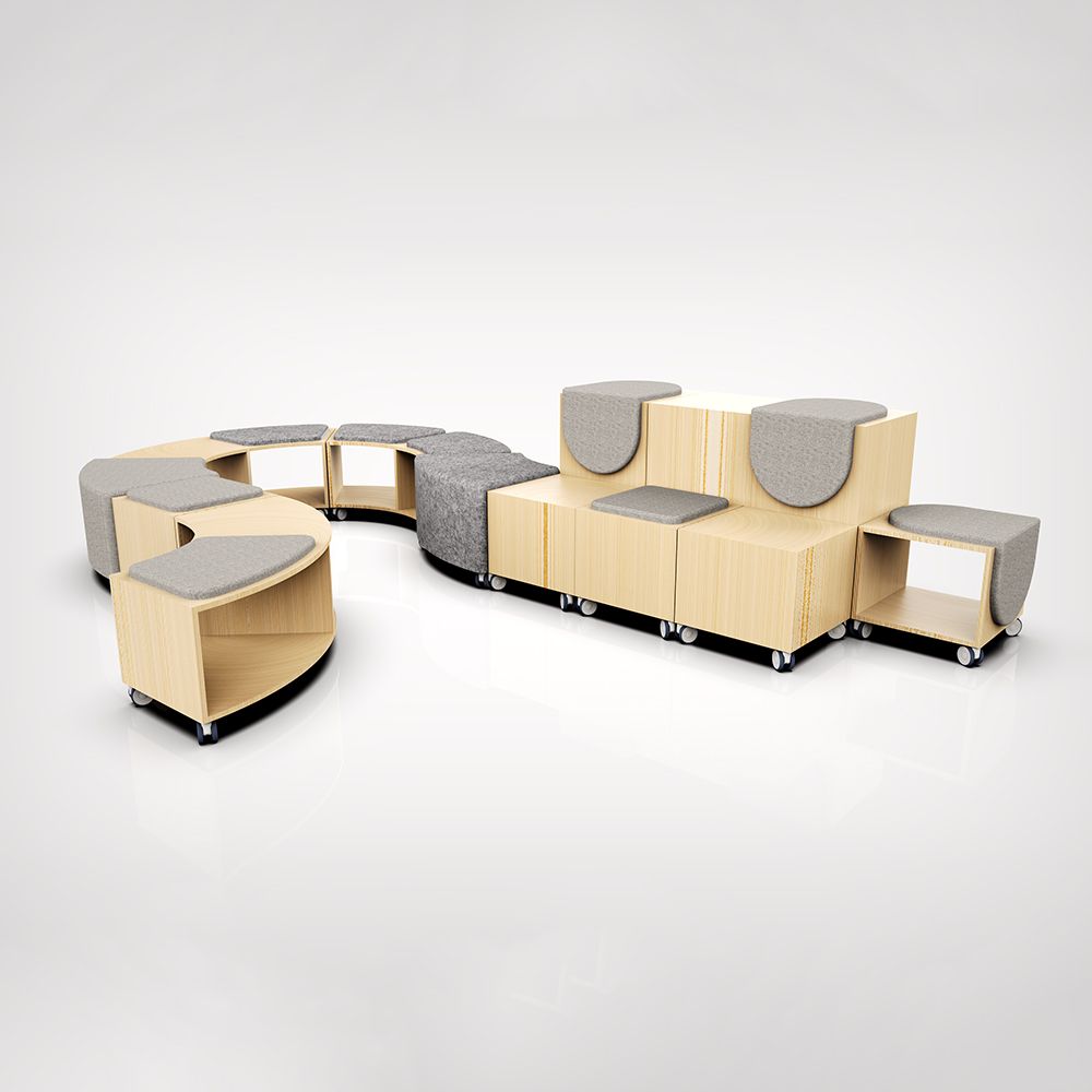 Modular, light-wood seating arrangement with gray cushions, curving, creating a modern space.