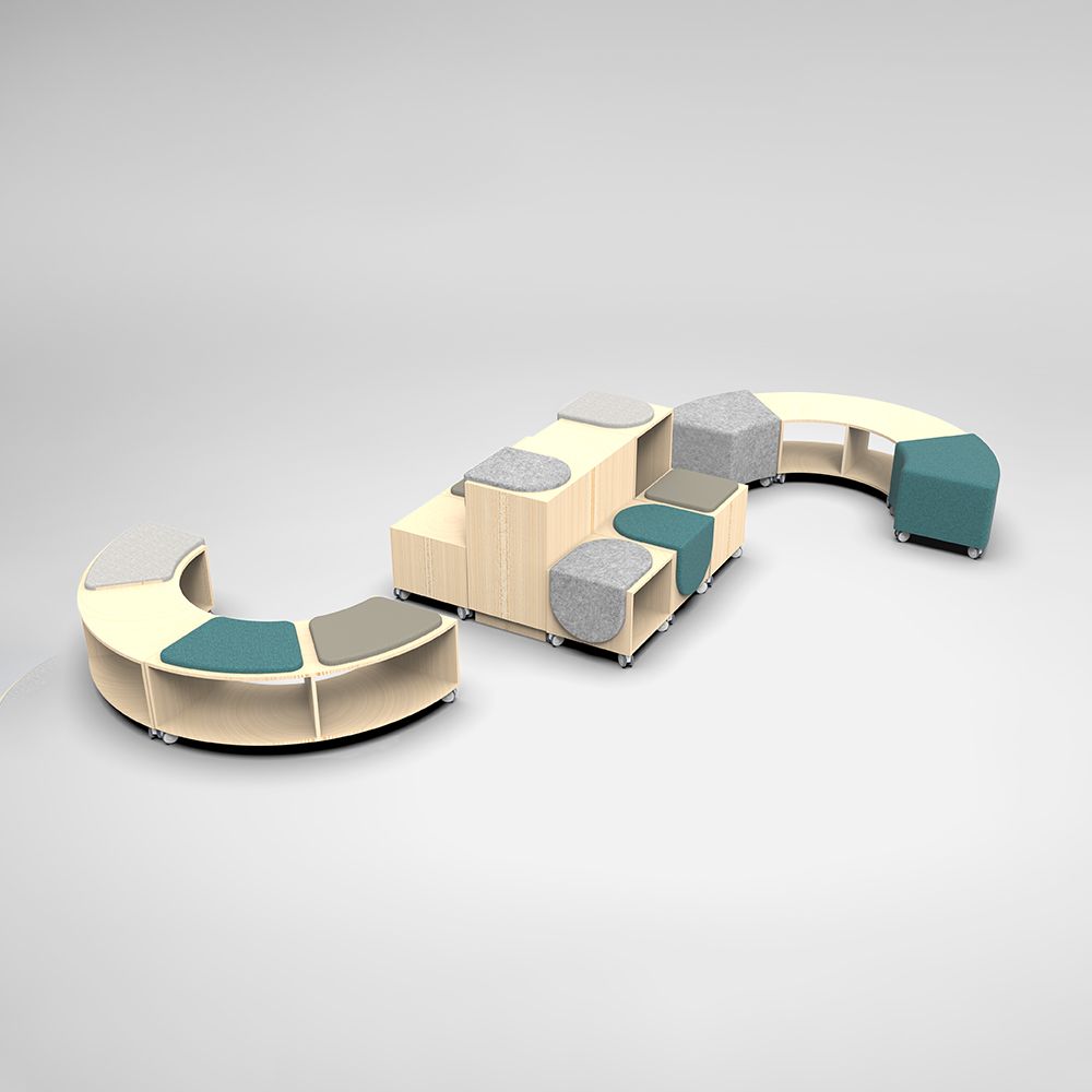 Modular classroom furniture: light wood, various shapes, including curved benches and cubes, with colorful seating pads.