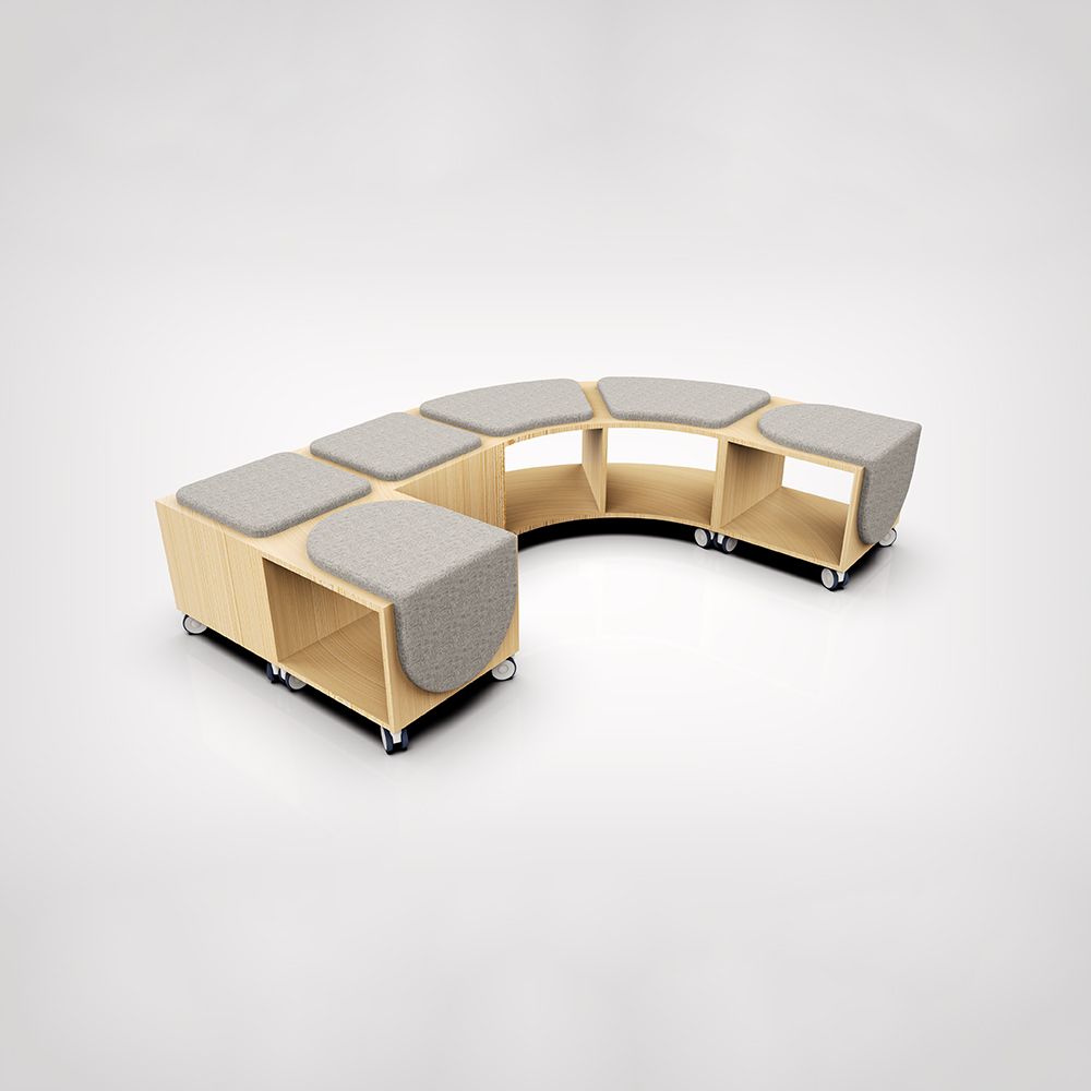 Modular, curved seating arrangement on wheels, with grey cushions and light wood storage.
