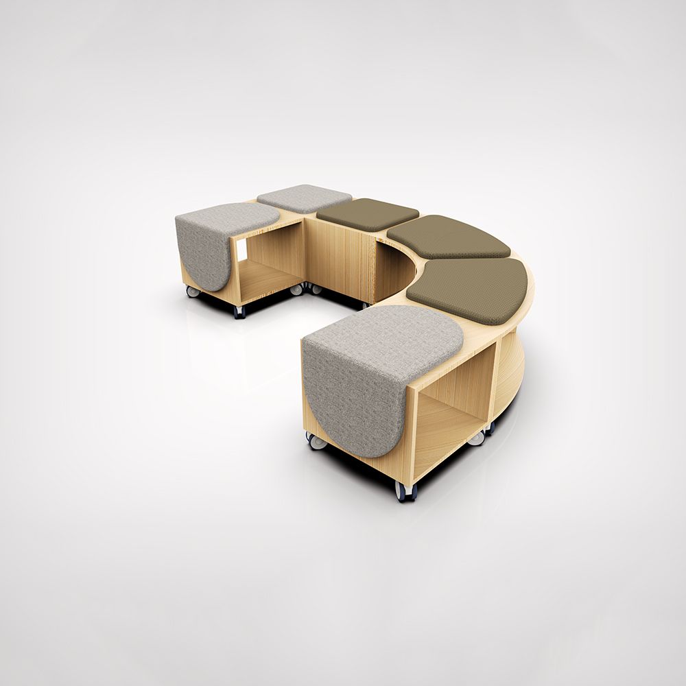 Curved modular seating unit with beige wooden frames, cushioned tops, and storage, on wheels.