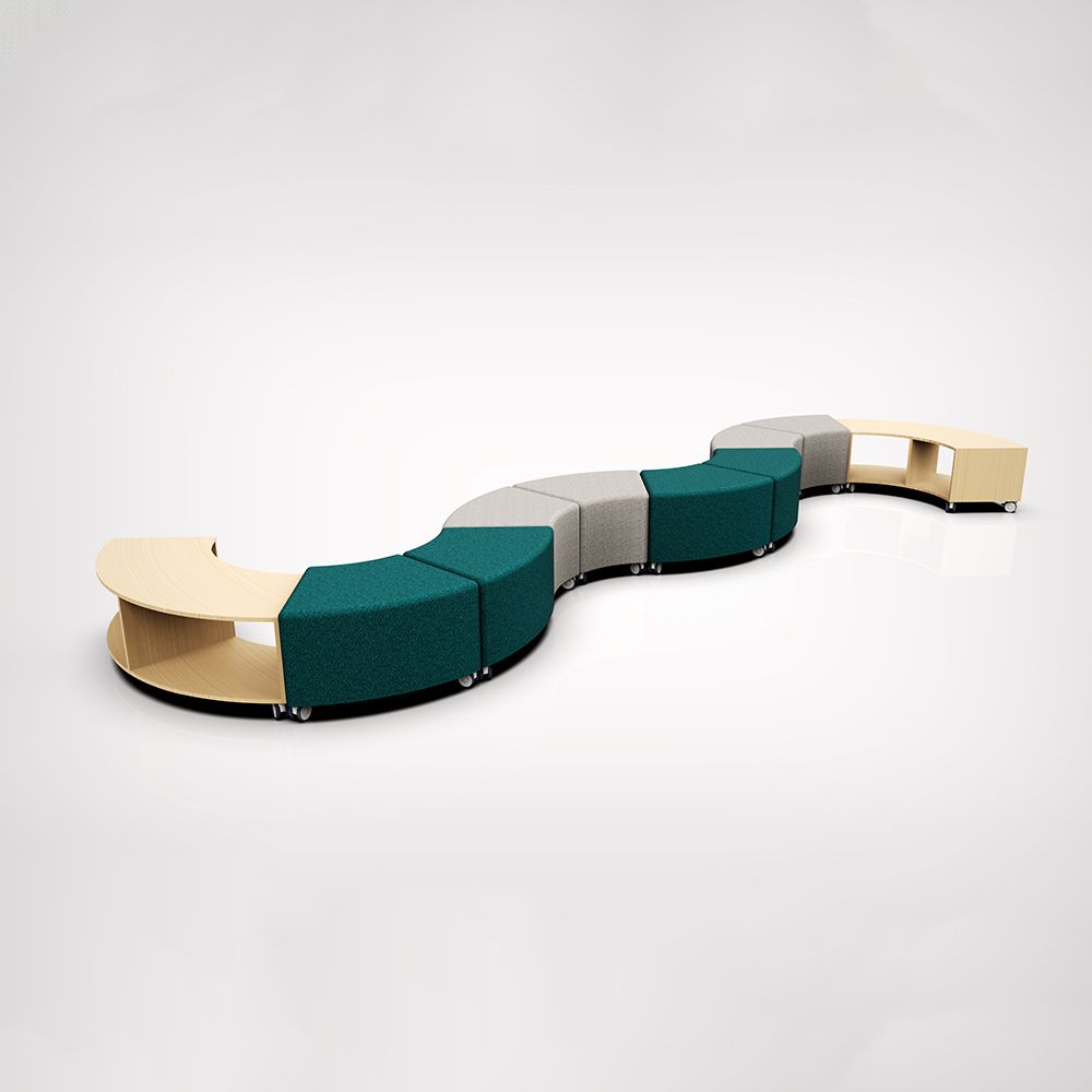 Modular, curved seating arrangement in teal, gray, and light wood, on a white background.