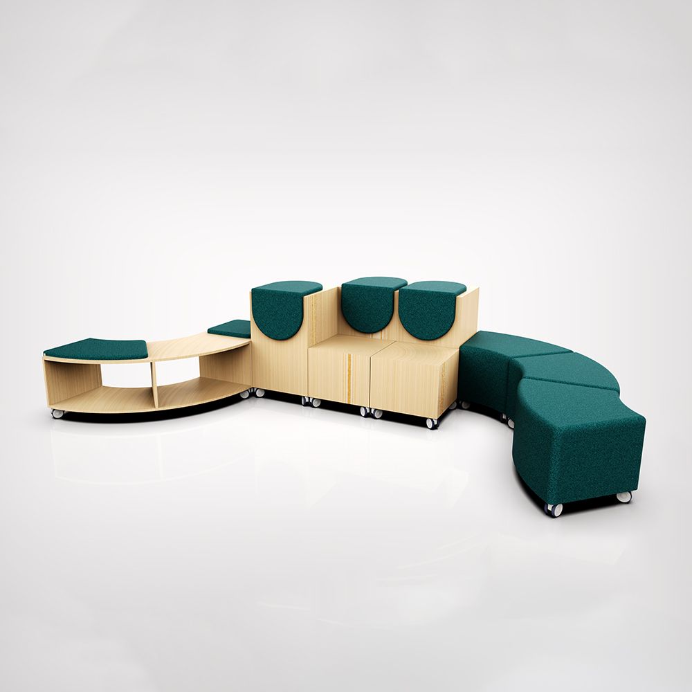 Modular, curved teal and light wood seating arrangement with wheels.