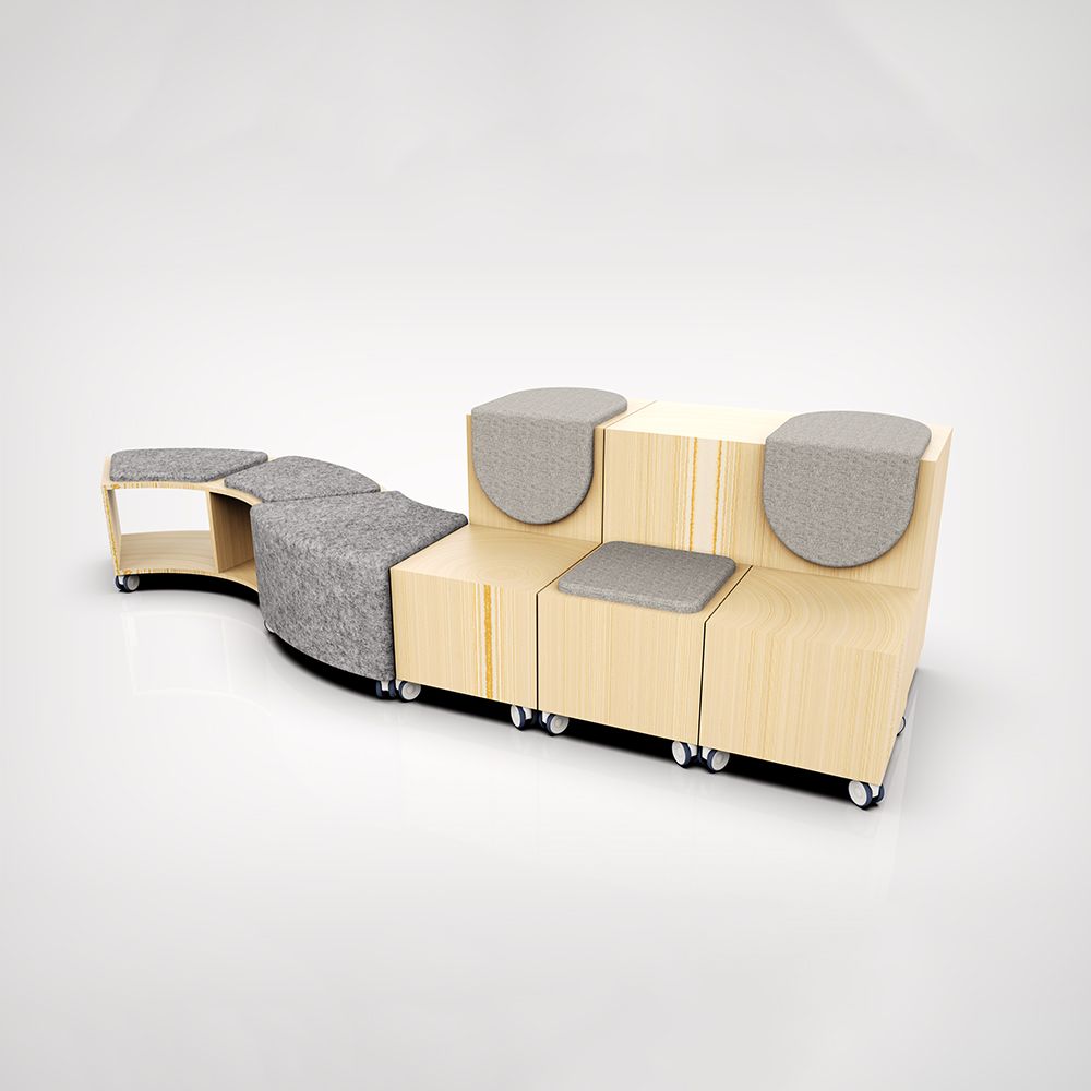 Modular wooden seating with gray cushions on casters; contemporary design.