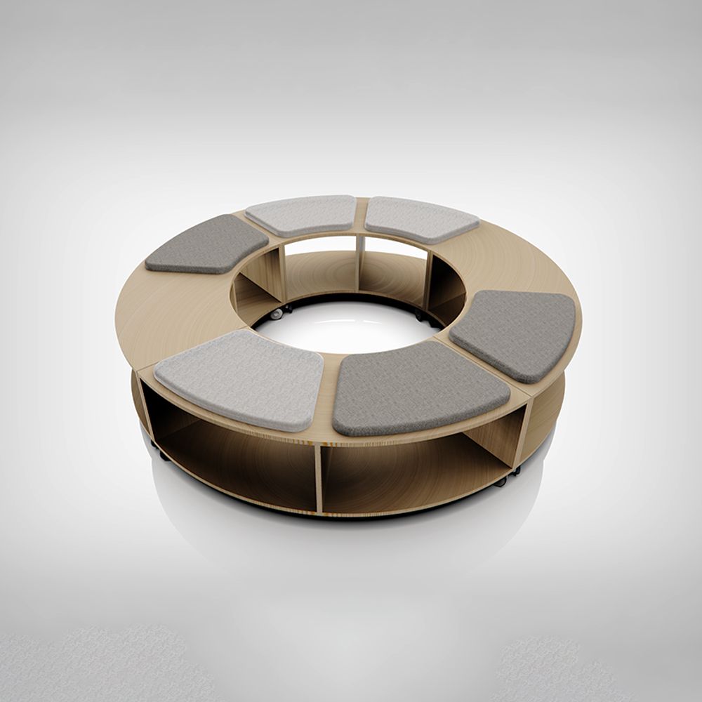 Circular beige bench with built-in storage and gray cushioned seating, set on a neutral background.