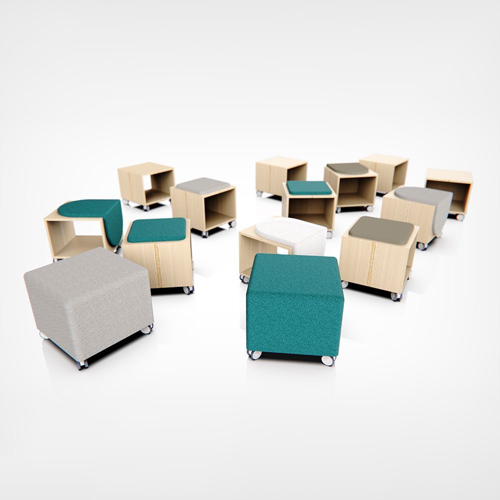 Scattered modular cube ottomans on casters; various colors, wood finish, and fabric seats.