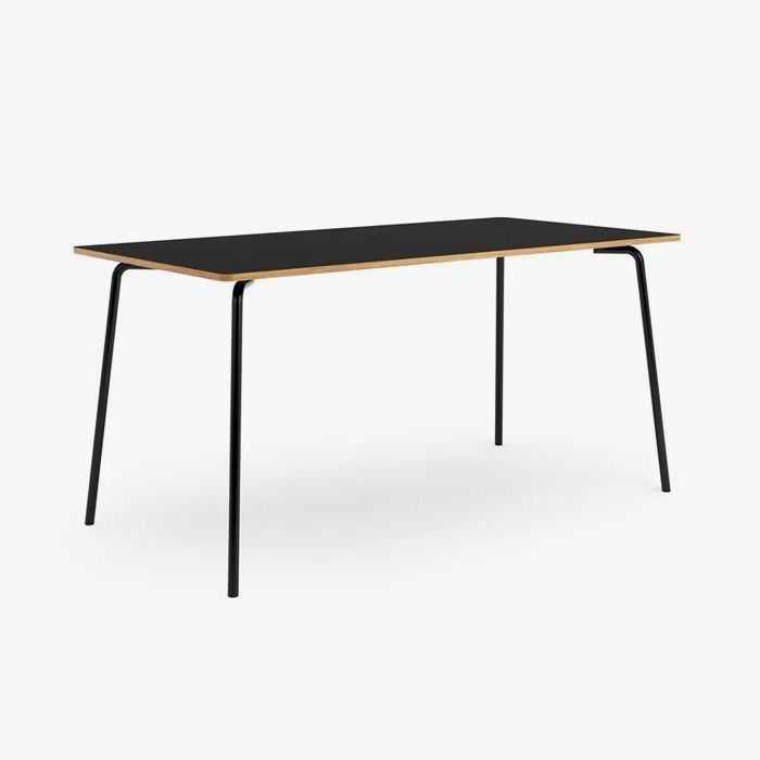 Black rectangular desk with black legs on a white background.