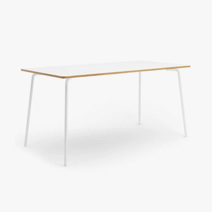 White rectangular table with white legs and a light wood edge, against a white background.