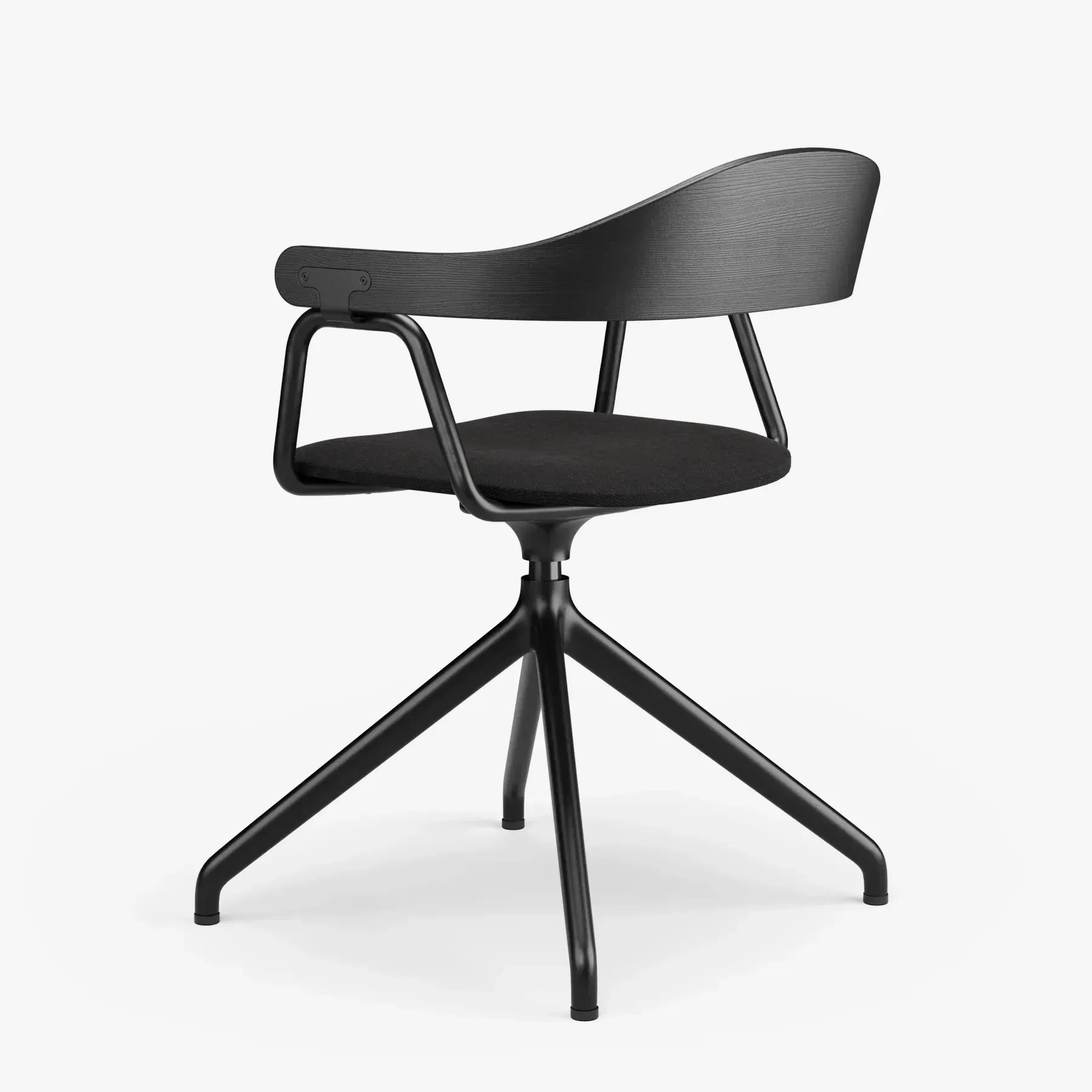 Black modern office chair with a three-legged base, curved backrest, and padded seat.
