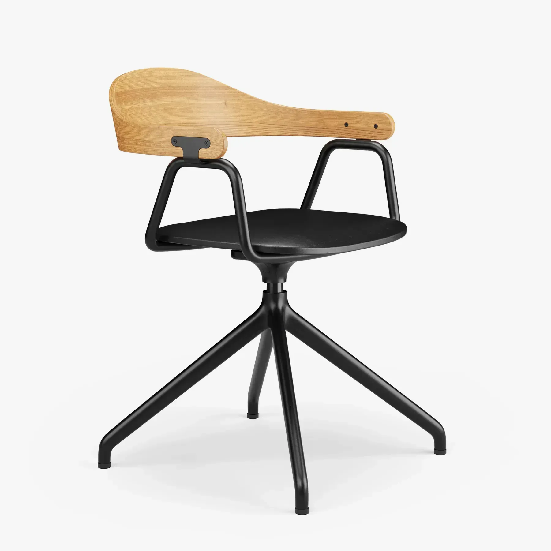 Modern black office chair with wooden backrest and armrests.