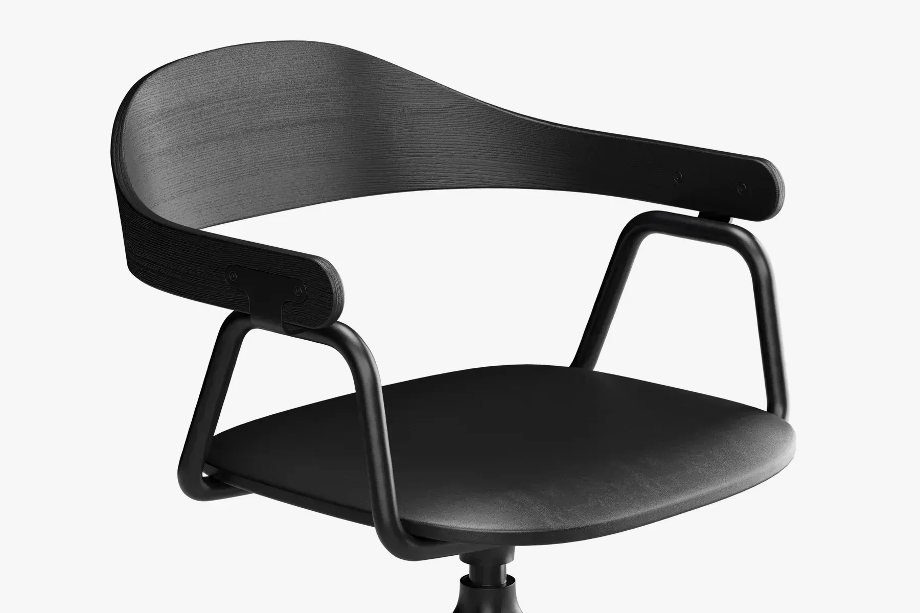 Black office chair with armrests and a rounded back.
