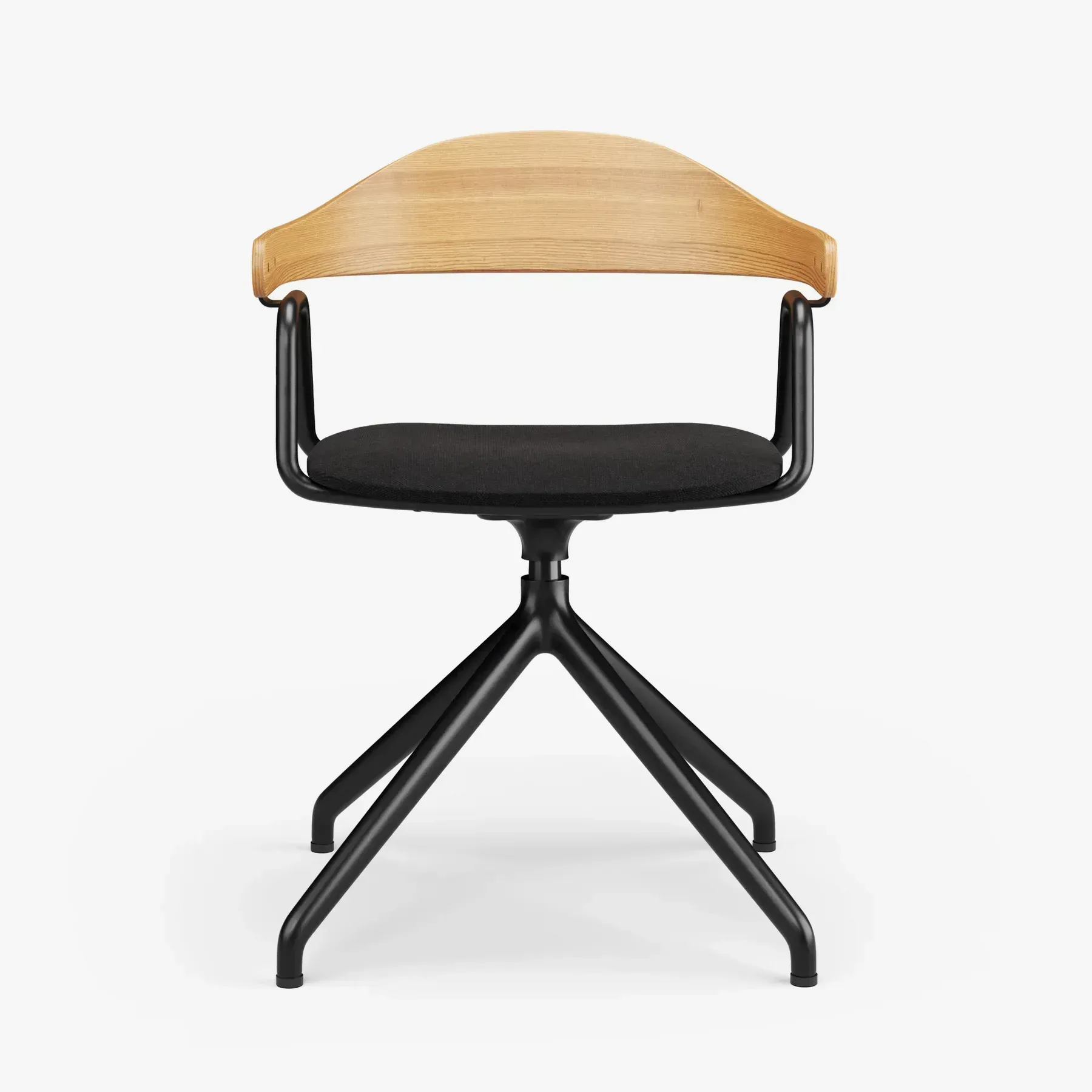 Modern chair with a wood back, black seat, and black tripod base.