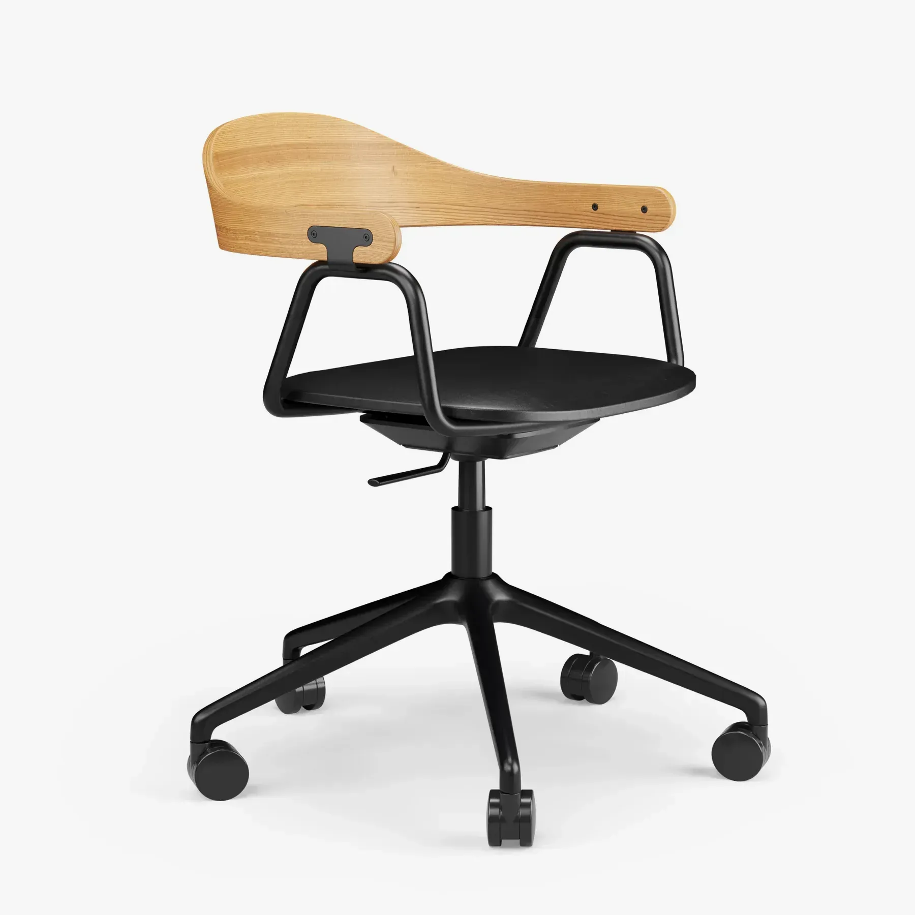 Office chair with wooden back and black frame.
