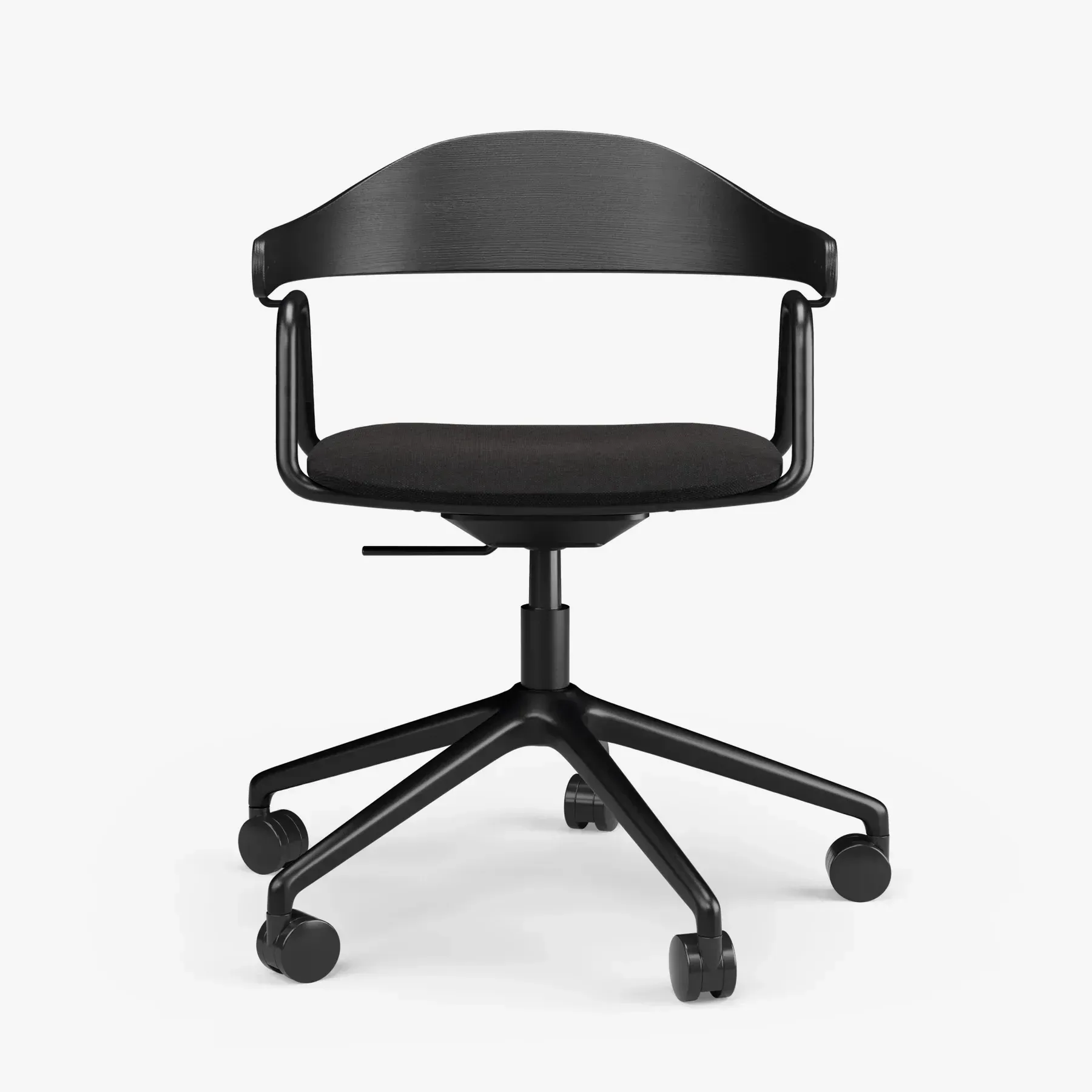 Black office chair with wheels, curved back, black seat, and armrests, on a white background.