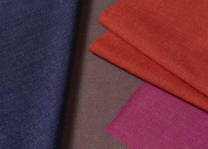 Four fabric swatches in navy blue, brown, orange, and magenta.