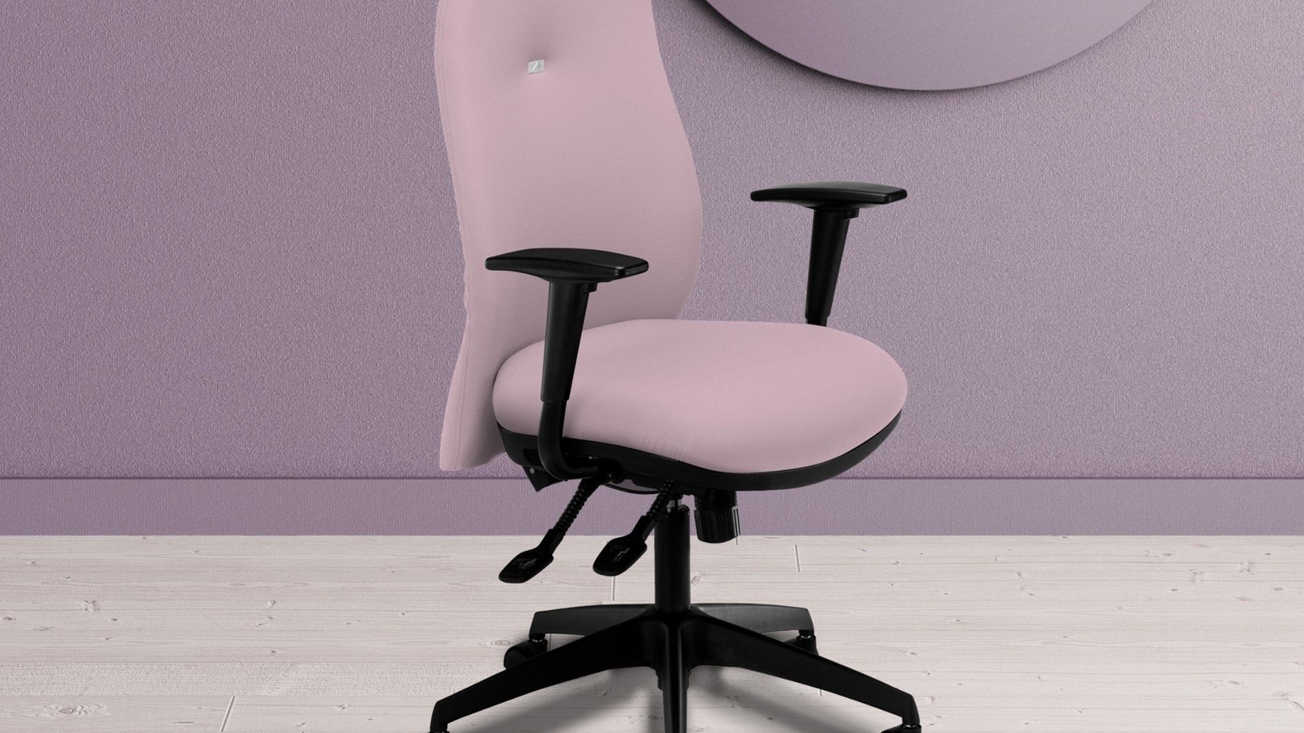 side profile view of the summit inflexion in pink with black armrests and base. 