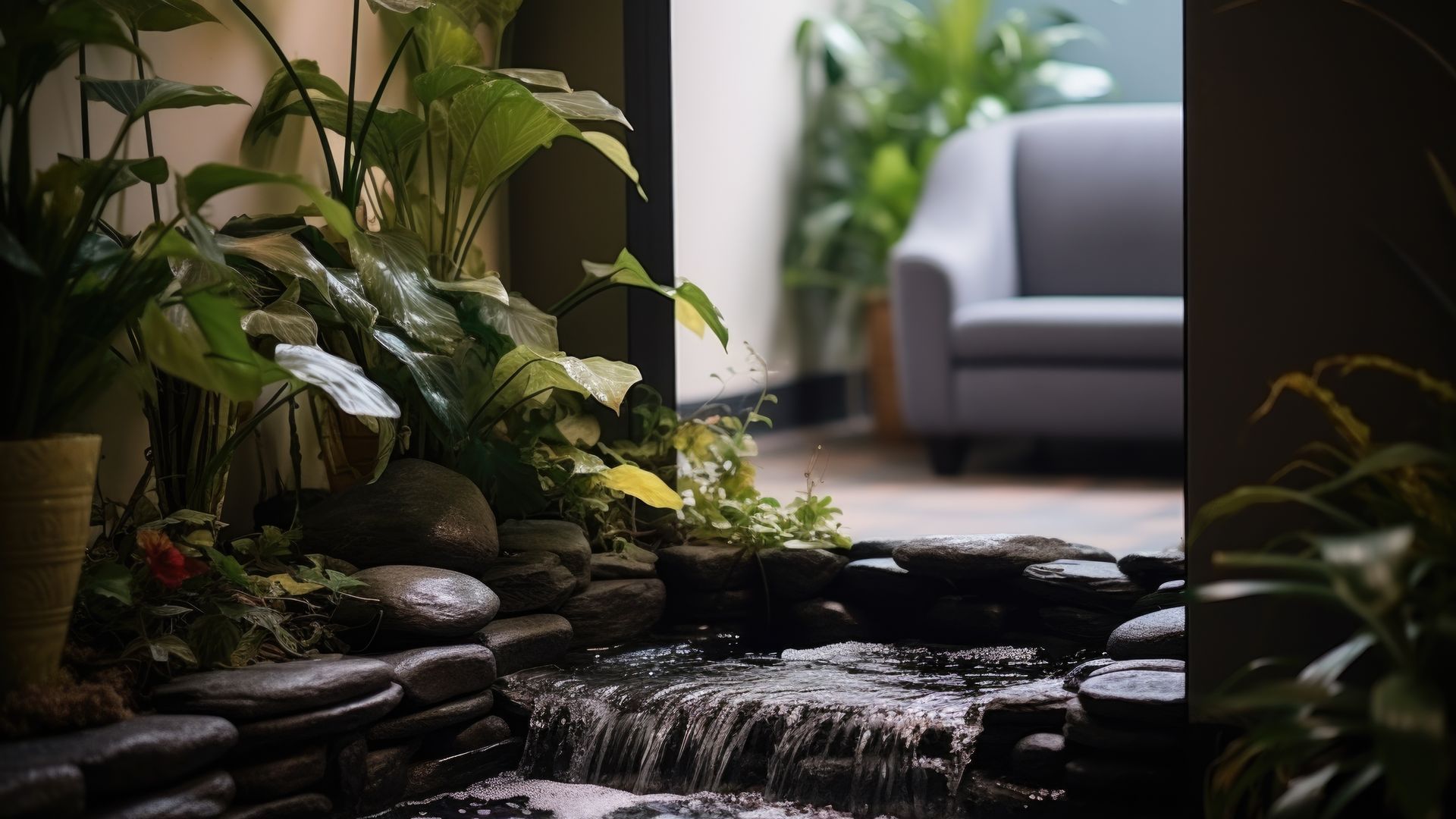 a close up shot of a water feature in an office. it resembles a river with water flowing down two separate layers. on the side of the river are plants and flowers. in the background, there is a sofa. 