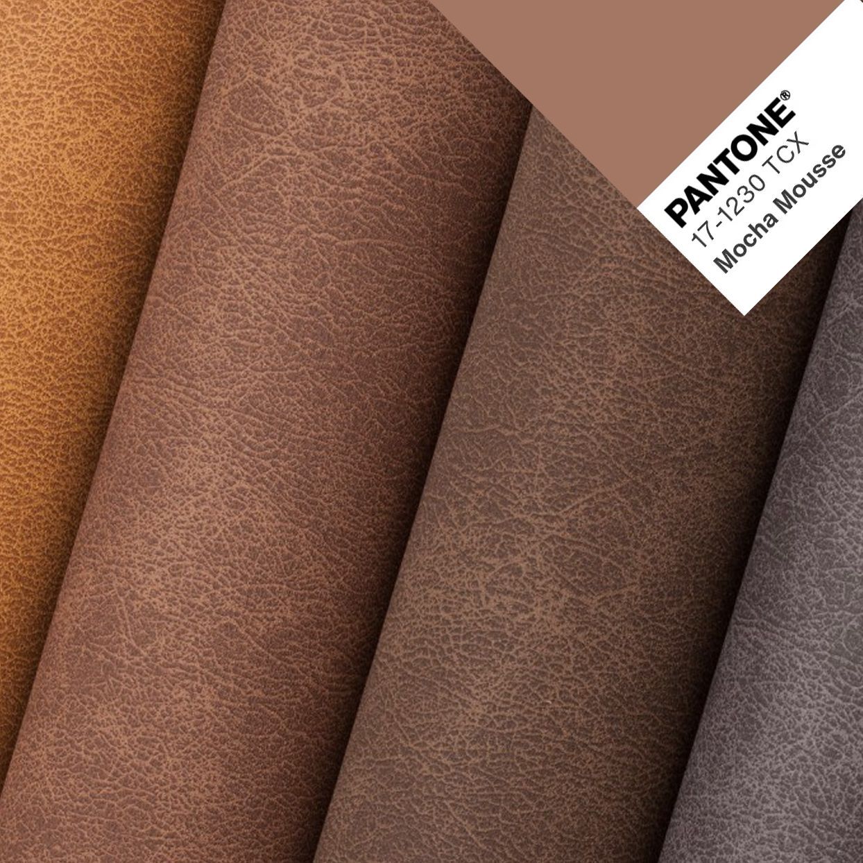 A close up of fabrics matching pantone 17 2230 tcx mocha mousse