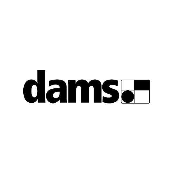 Dams logo: bold black text with abstract black, white, and gray square graphic.