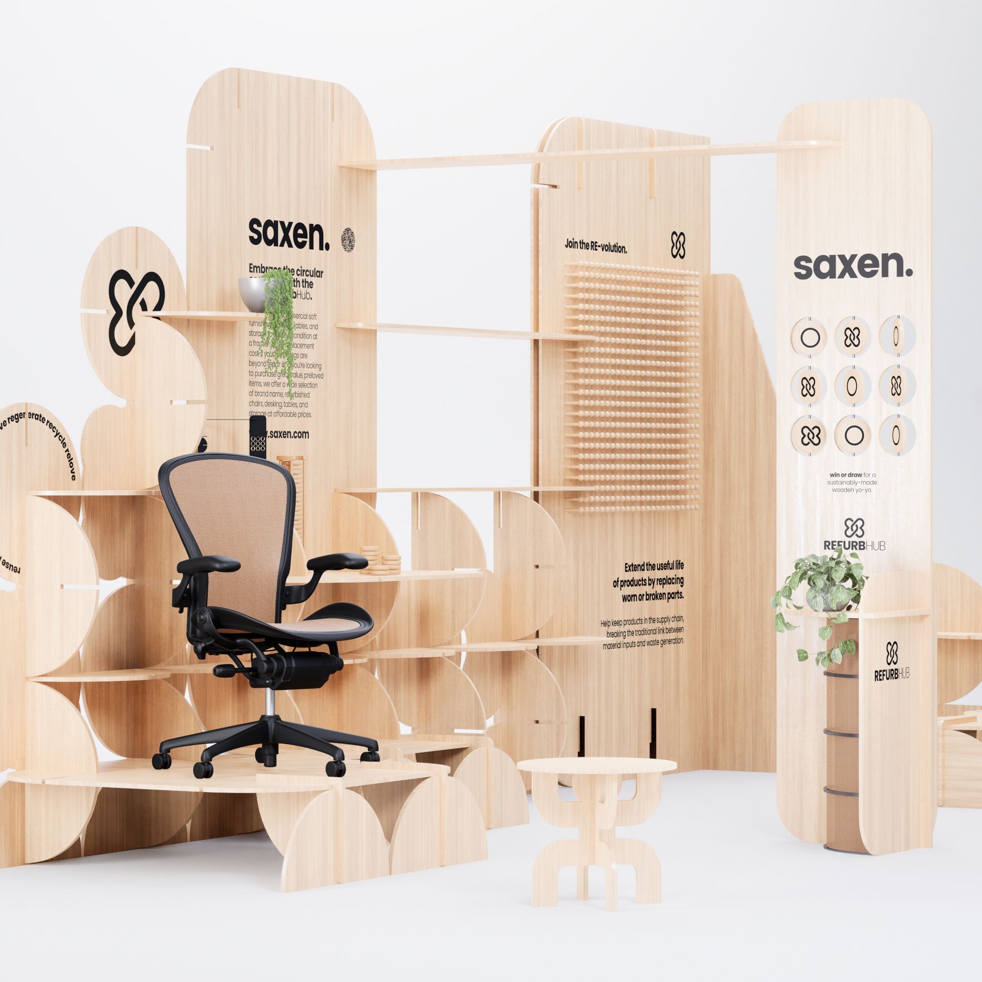 Exhibition design using bitch ply. Pieces slot together to create an eco-friendly display