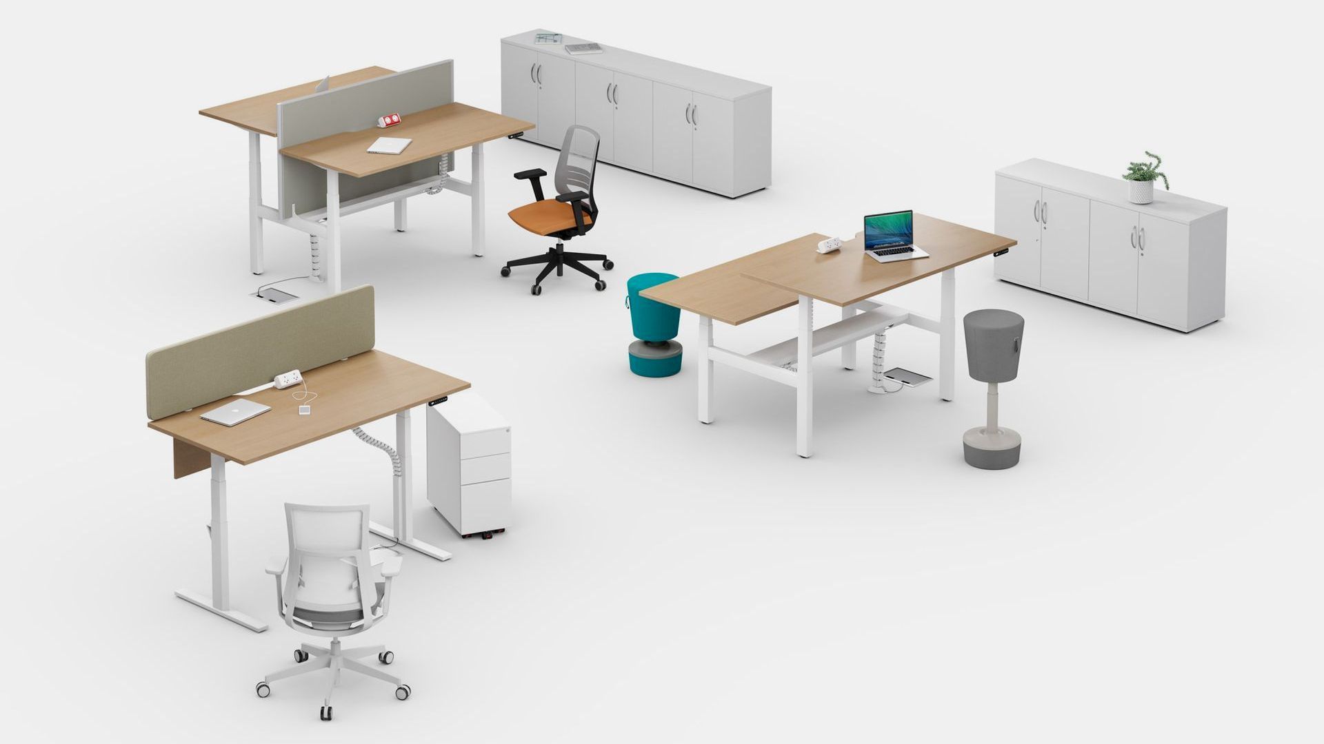 A rendered image of bamboo sit/stand desks from Edit Office. There are three desks in the environment with ergonomic seating each desk. In the background are white storage lockers. 