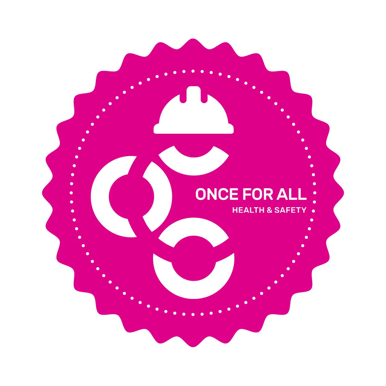 Red, scalloped accreditation badge with white text 