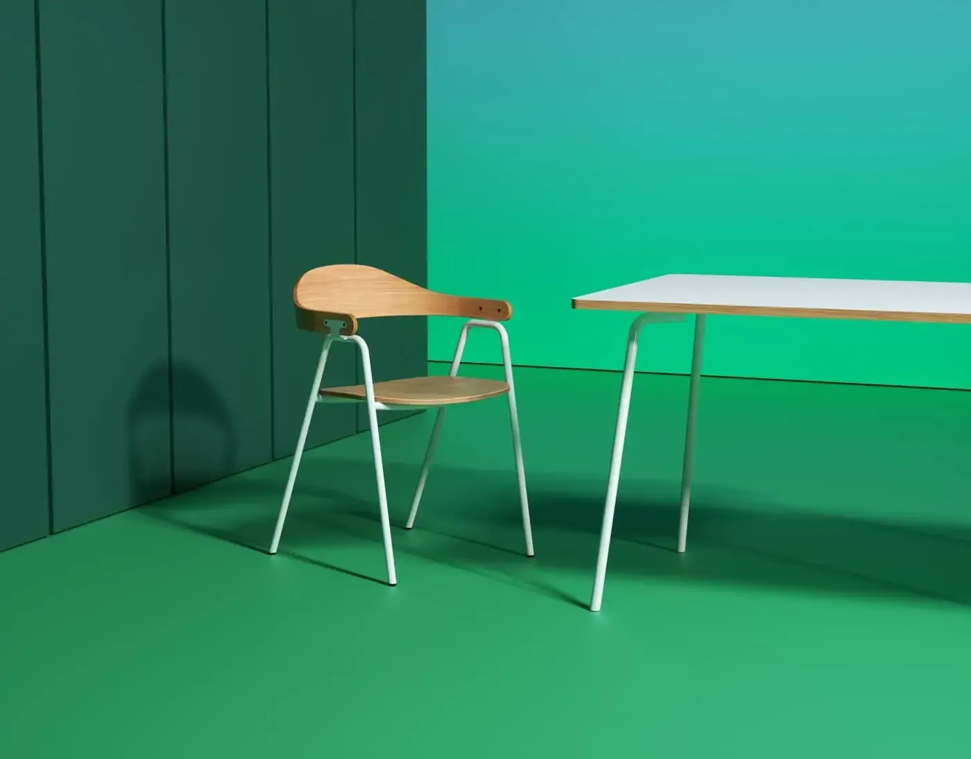 oak and white Otto chair and table situated in a green studio