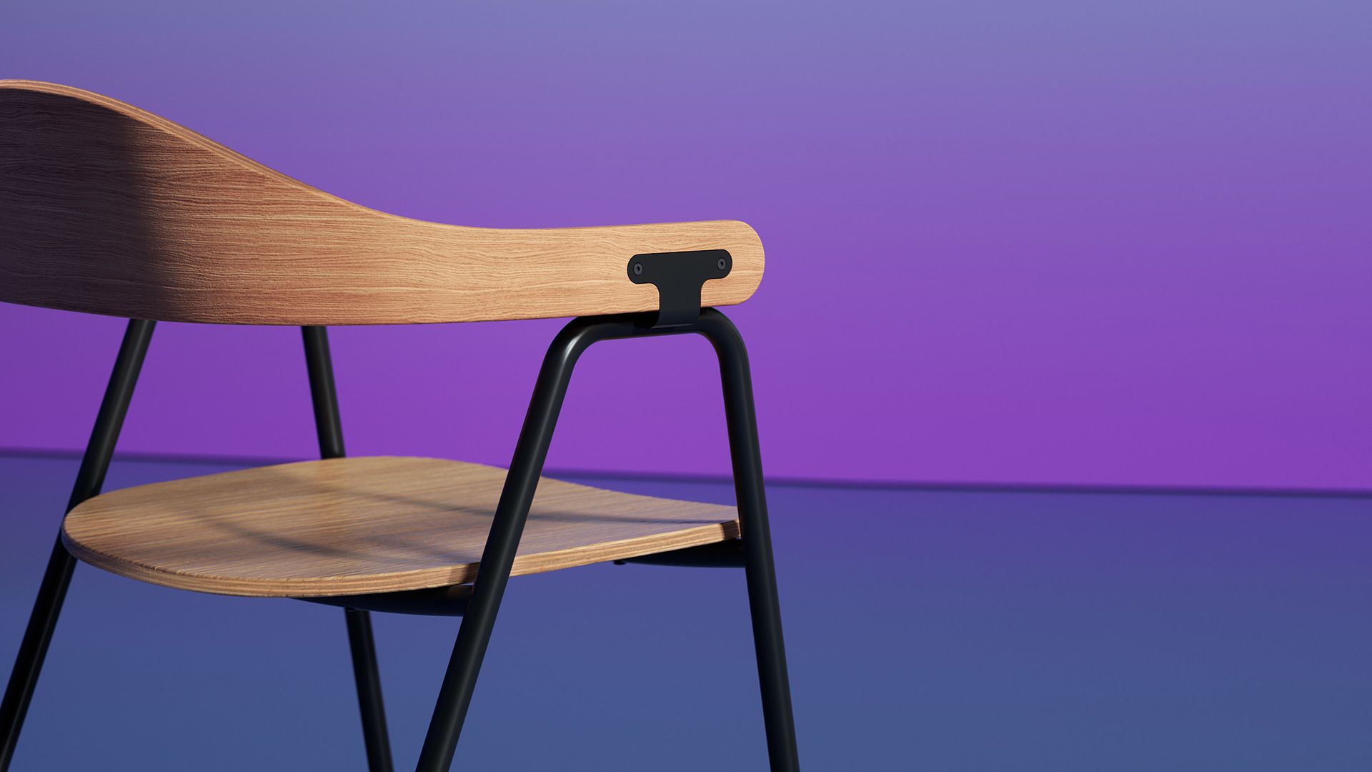 Wooden chair with black frame against a purple and blue gradient background.