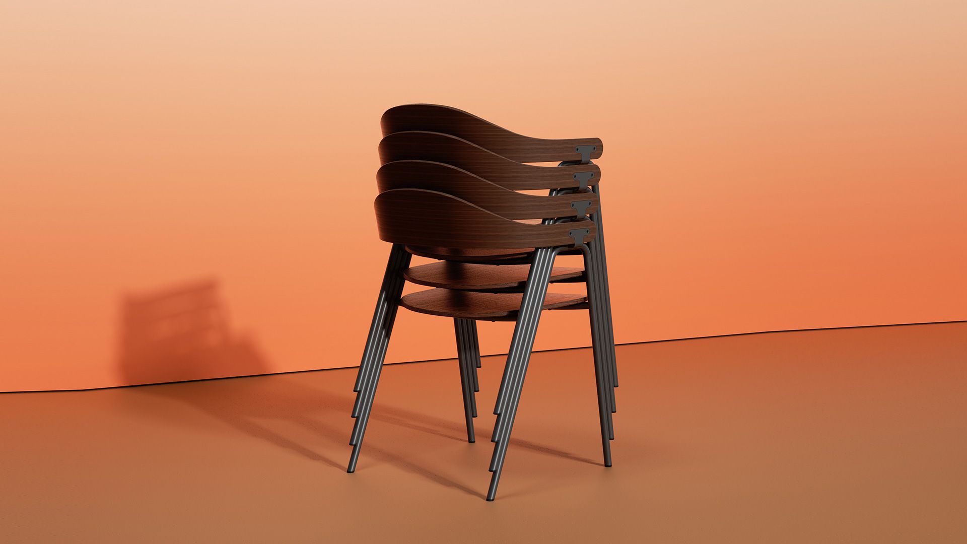 Stack of brown chairs with twisted metal legs against an orange wall.