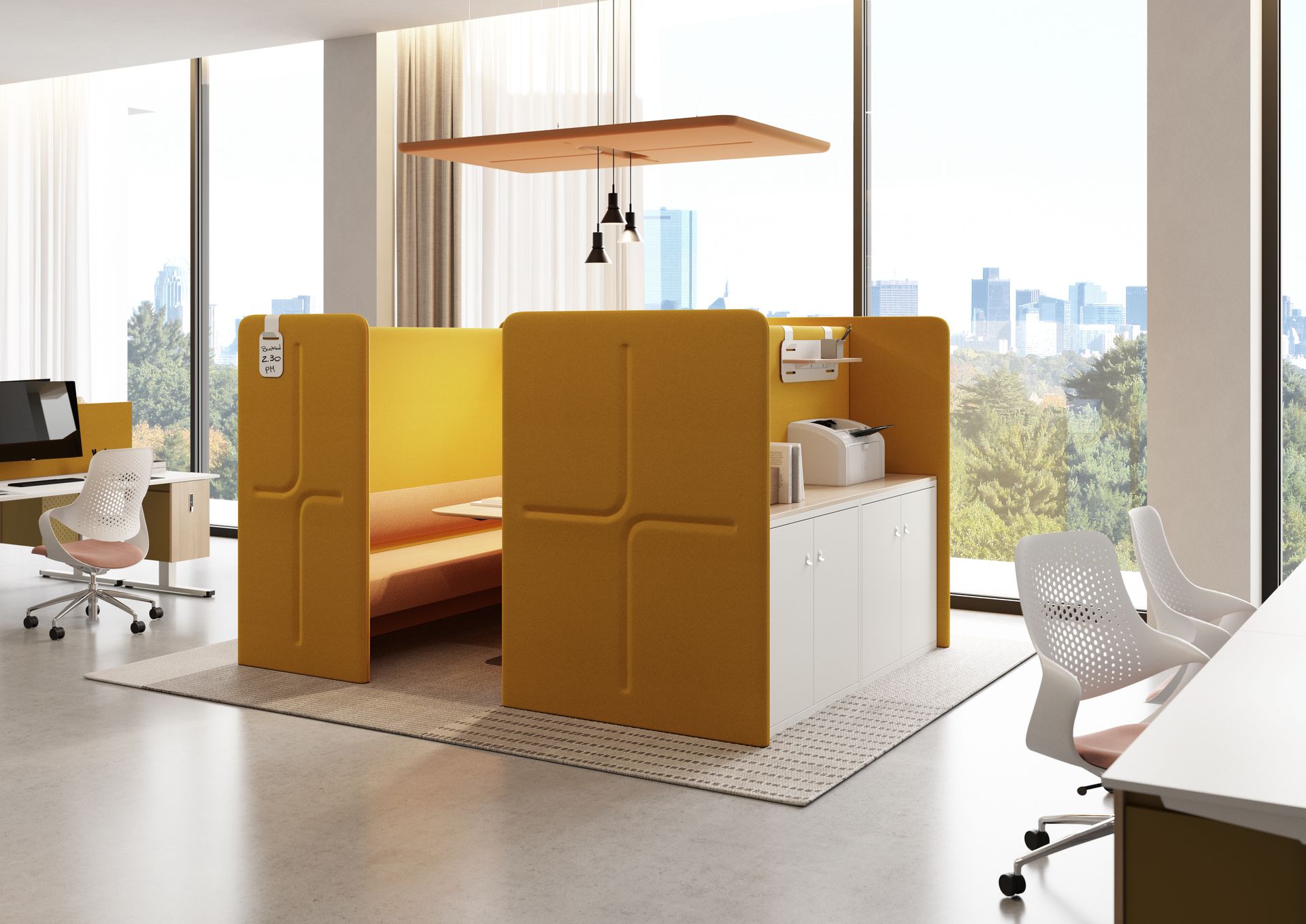 Modern office space with yellow booth seating, built-in storage, and large windows overlooking a city.