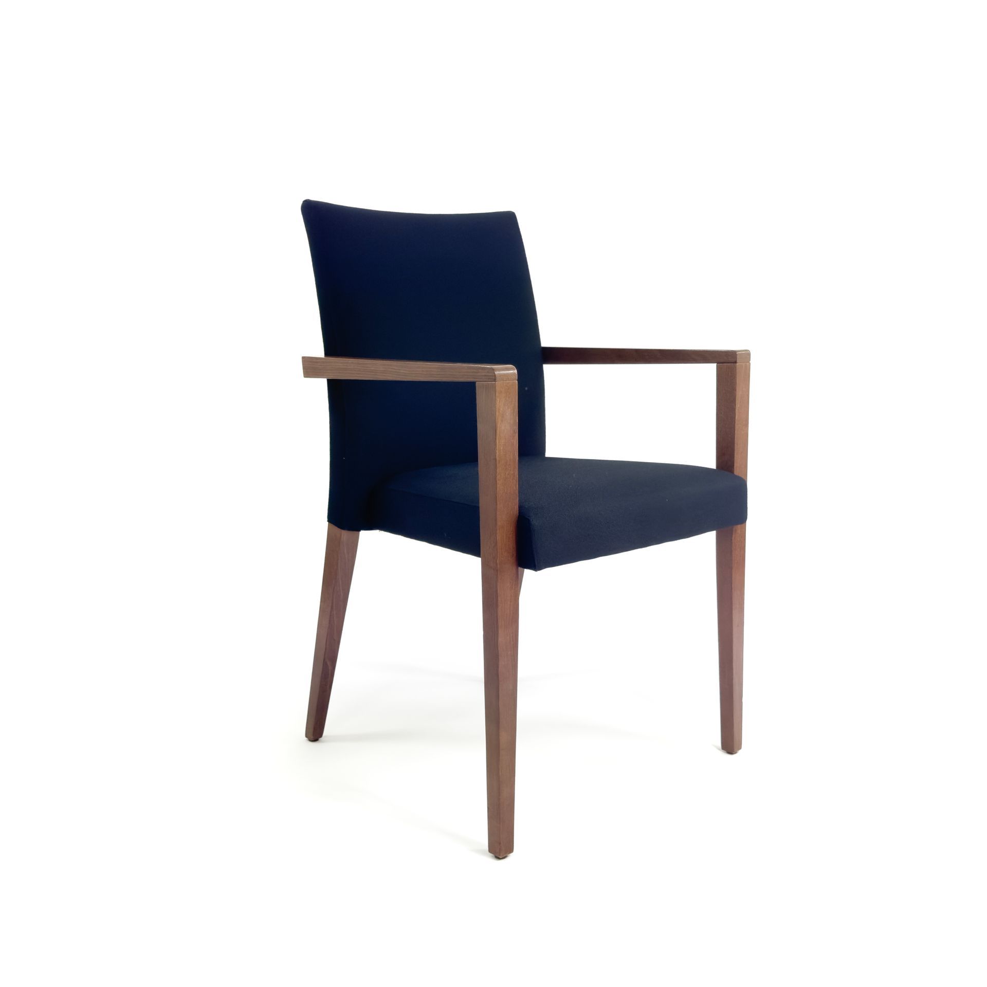 Dark blue upholstered chair with wooden frame and armrests.