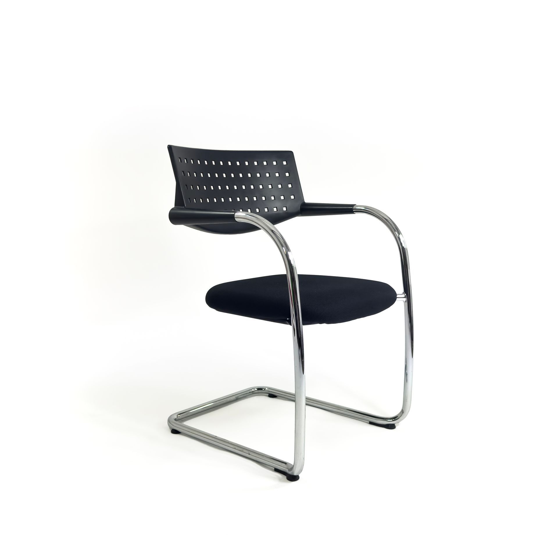 Black and chrome cantilever chair with a perforated back and padded seat.