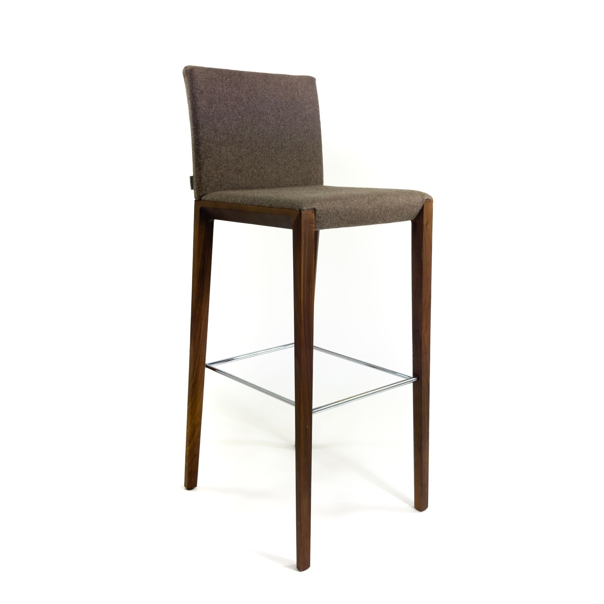 Brown upholstered bar stool with wooden legs and metal footrest.