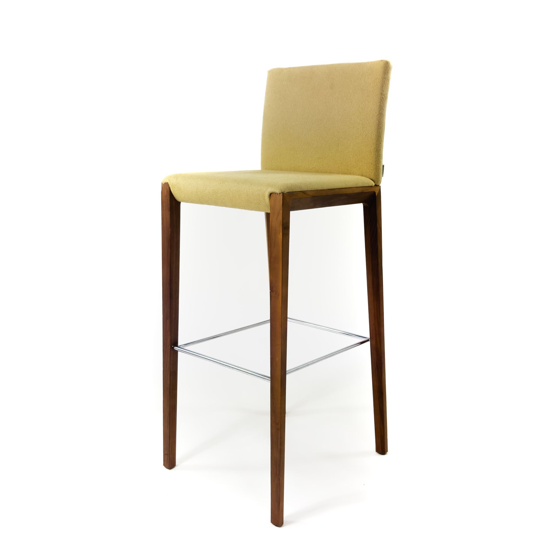 Bar stool with a padded tan seat and back, and dark wood legs.
